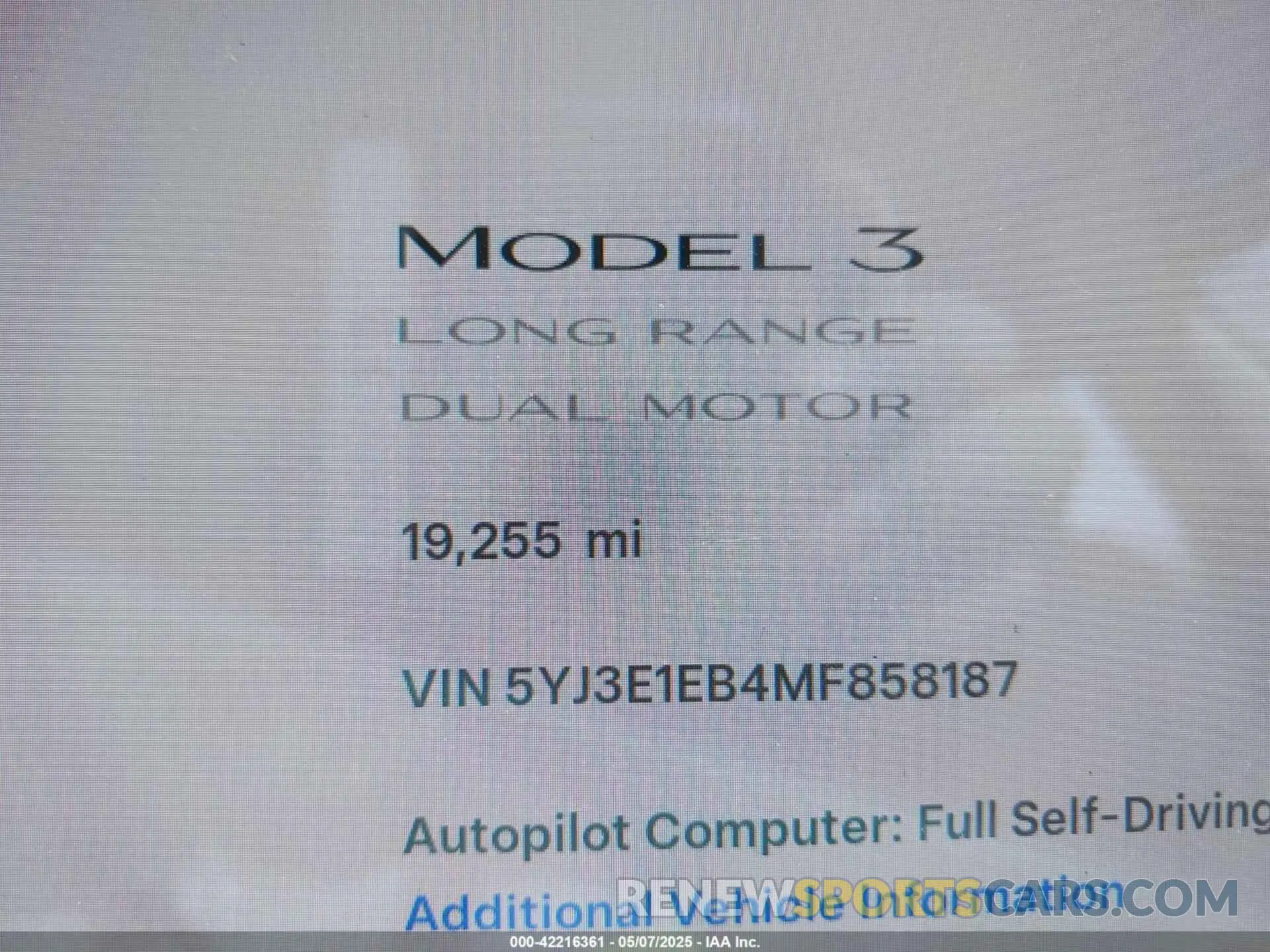 7 fotografías del automóvil dañado 5YJ3E1EB4MF858187 TESLA MODEL 3 2021
