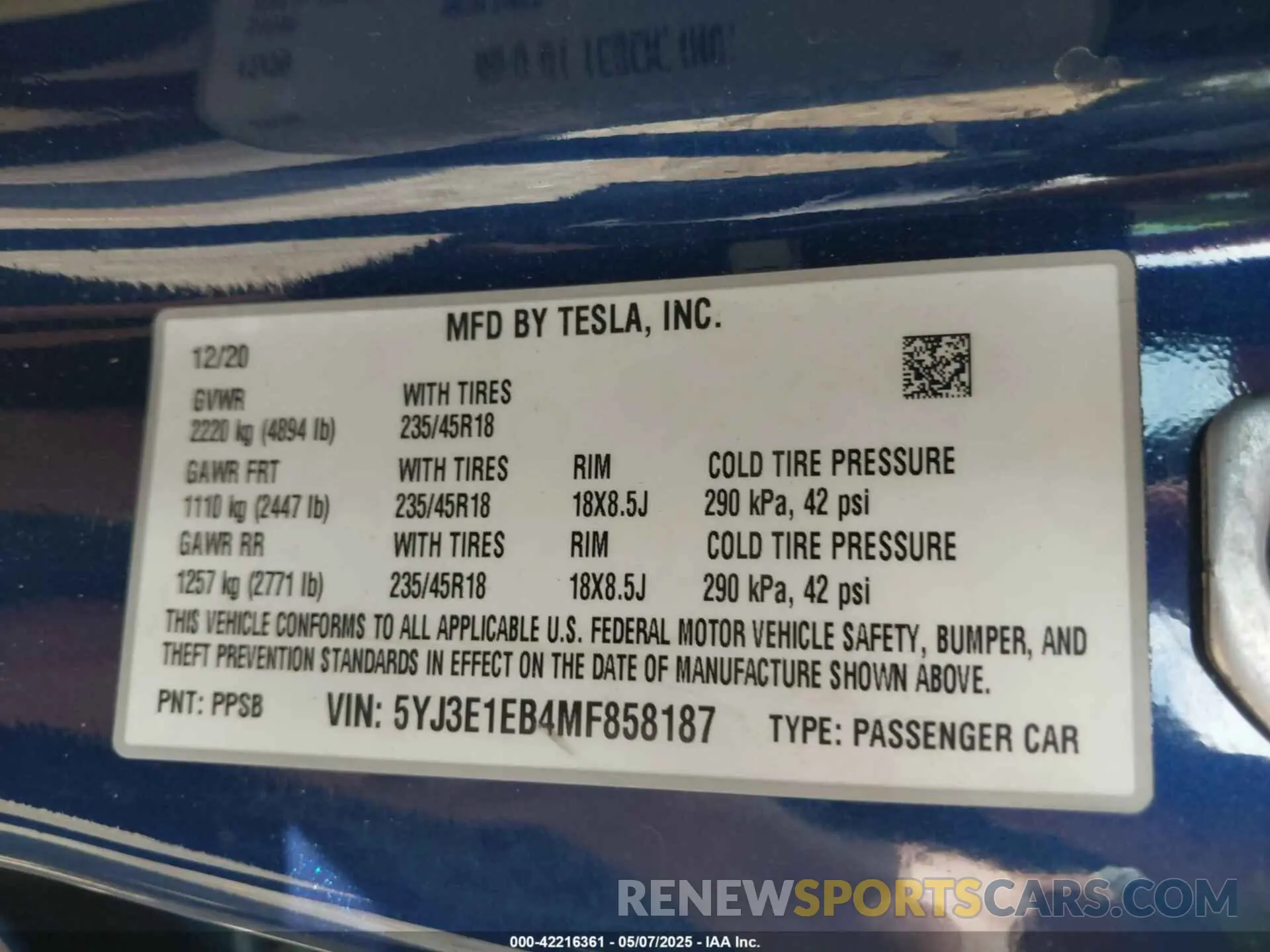 9 fotografías del automóvil dañado 5YJ3E1EB4MF858187 TESLA MODEL 3 2021