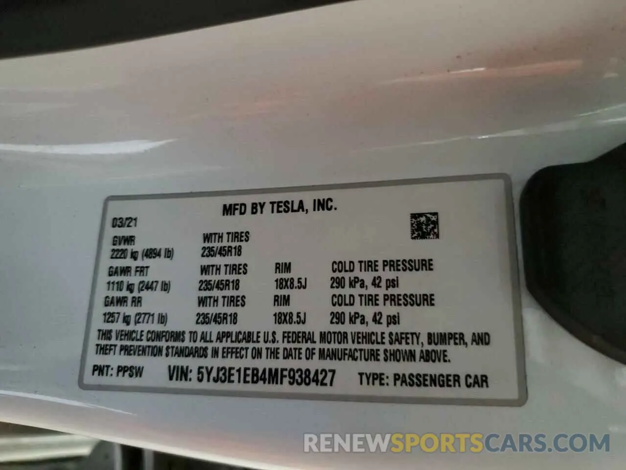 14 fotografías del automóvil dañado 5YJ3E1EB4MF938427 TESLA MODEL 3 2021