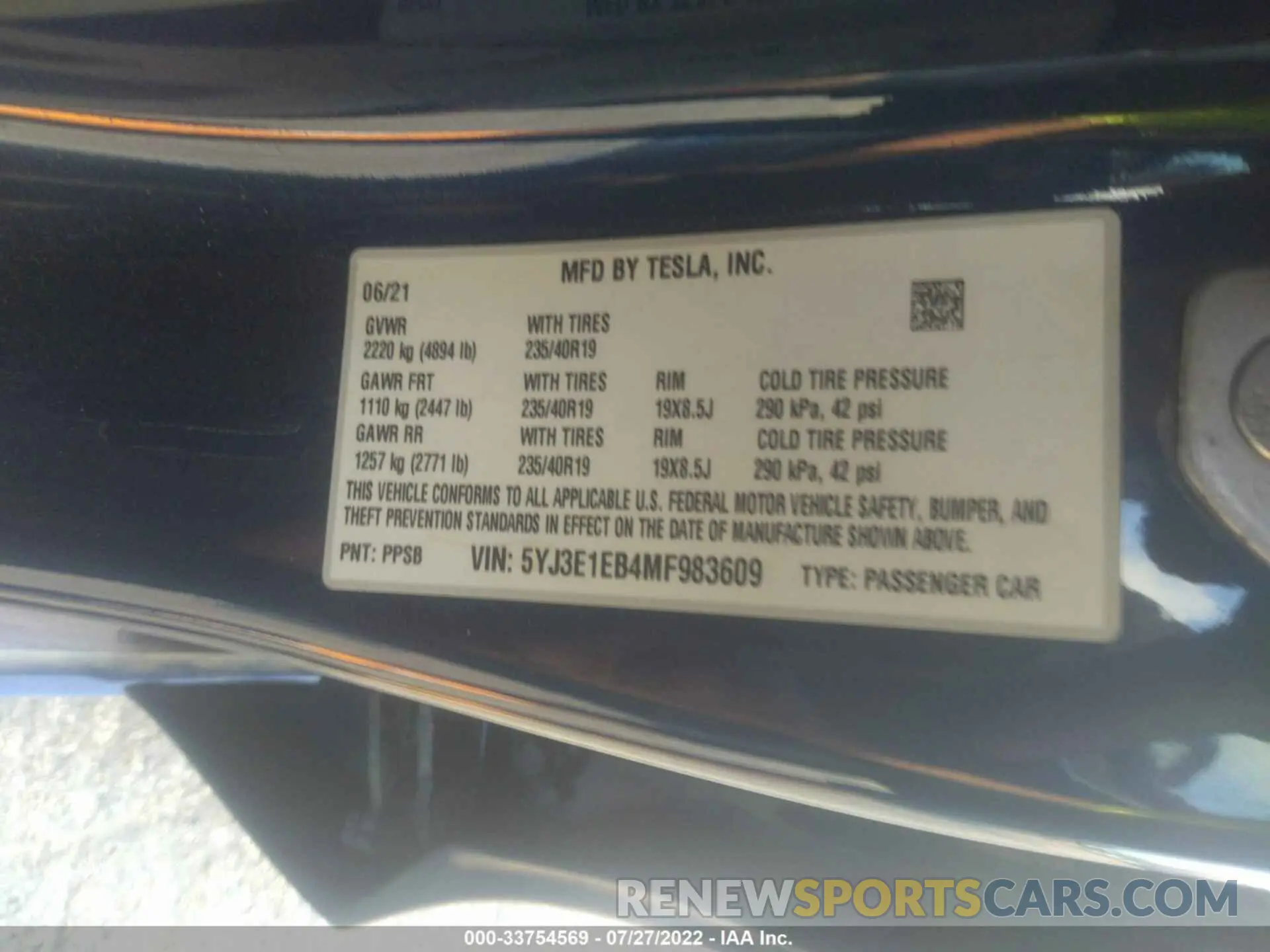 9 fotografías del automóvil dañado 5YJ3E1EB4MF983609 TESLA MODEL 3 2021