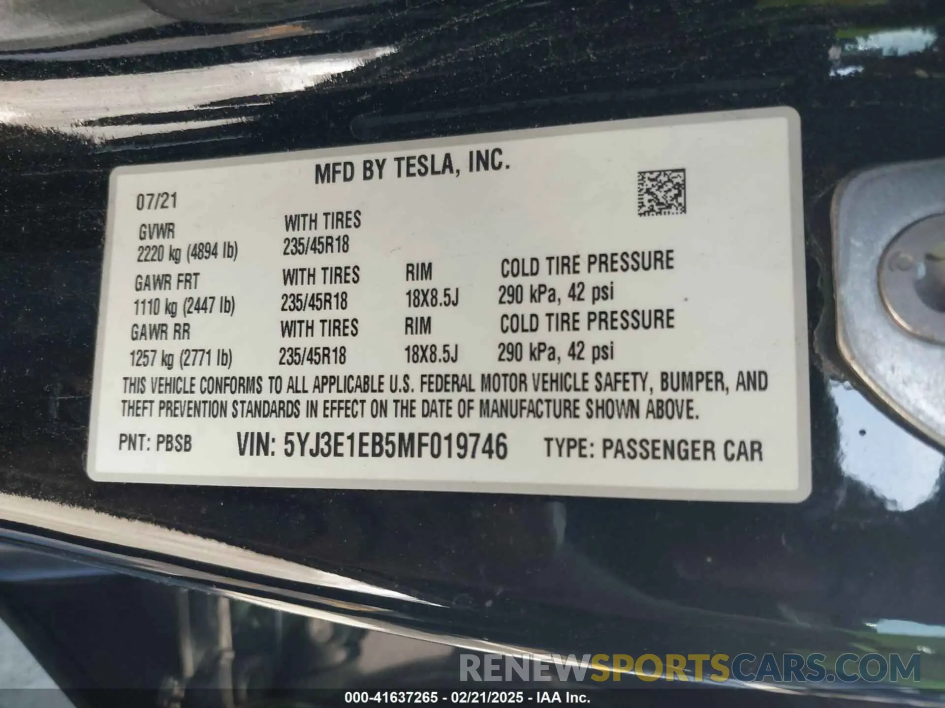 9 fotografías del automóvil dañado 5YJ3E1EB5MF019746 TESLA MODEL 3 2021