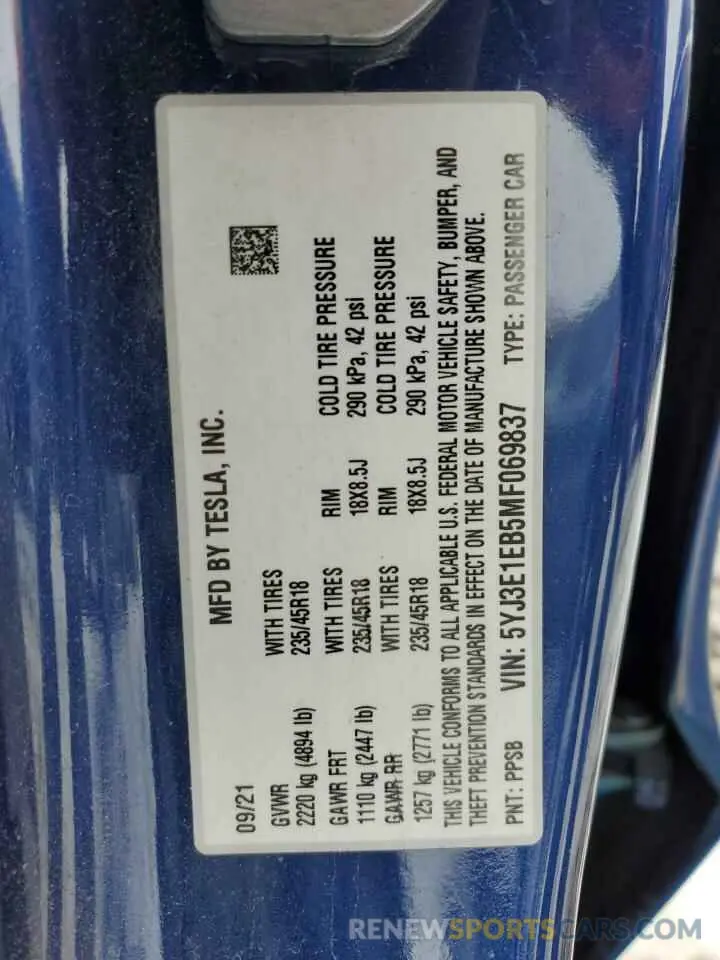 12 fotografías del automóvil dañado 5YJ3E1EB5MF069837 TESLA MODEL 3 2021