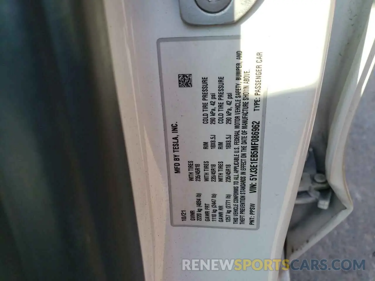14 fotografías del automóvil dañado 5YJ3E1EB5MF086962 TESLA MODEL 3 2021