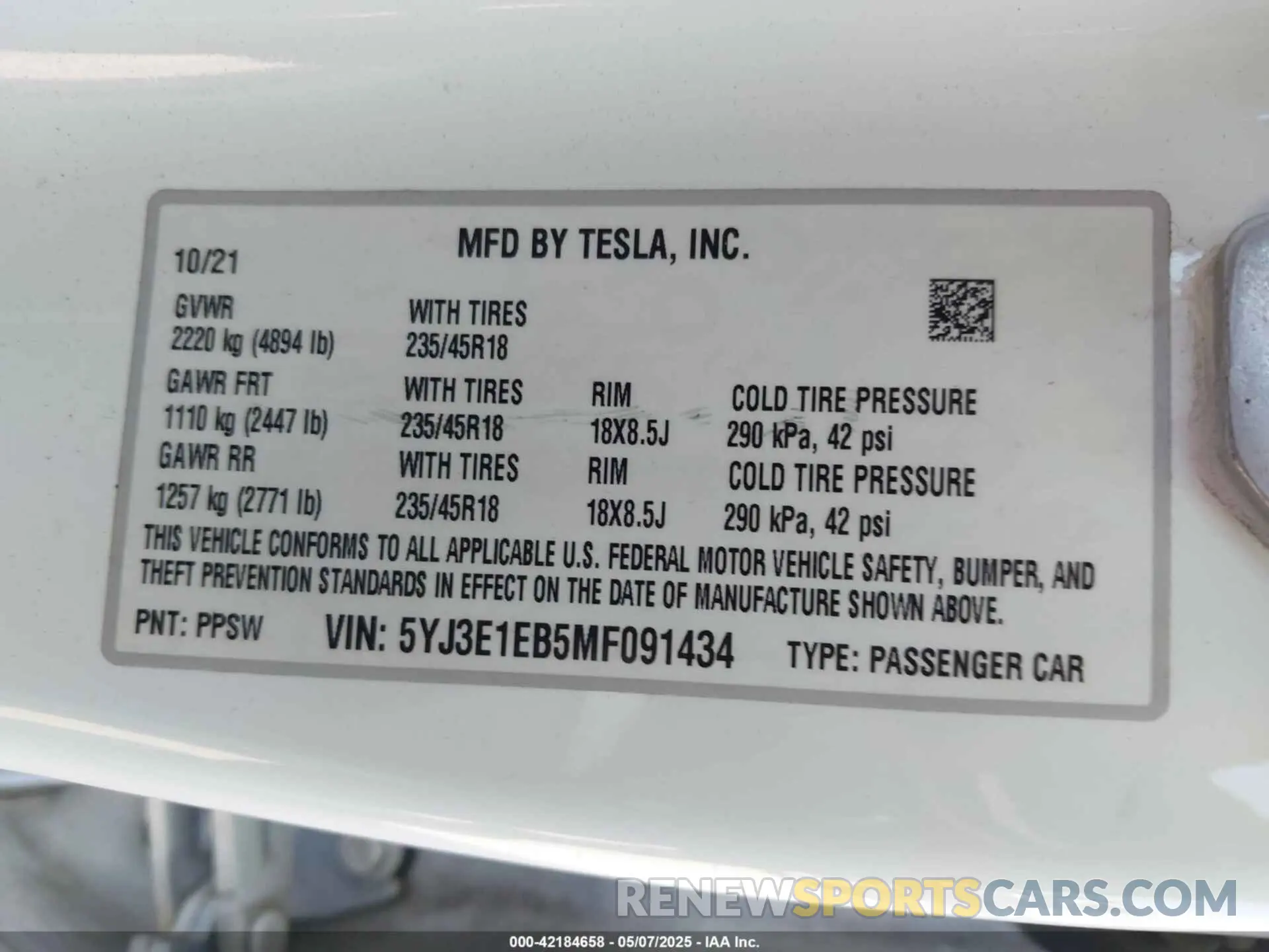 9 fotografías del automóvil dañado 5YJ3E1EB5MF091434 TESLA MODEL 3 2021