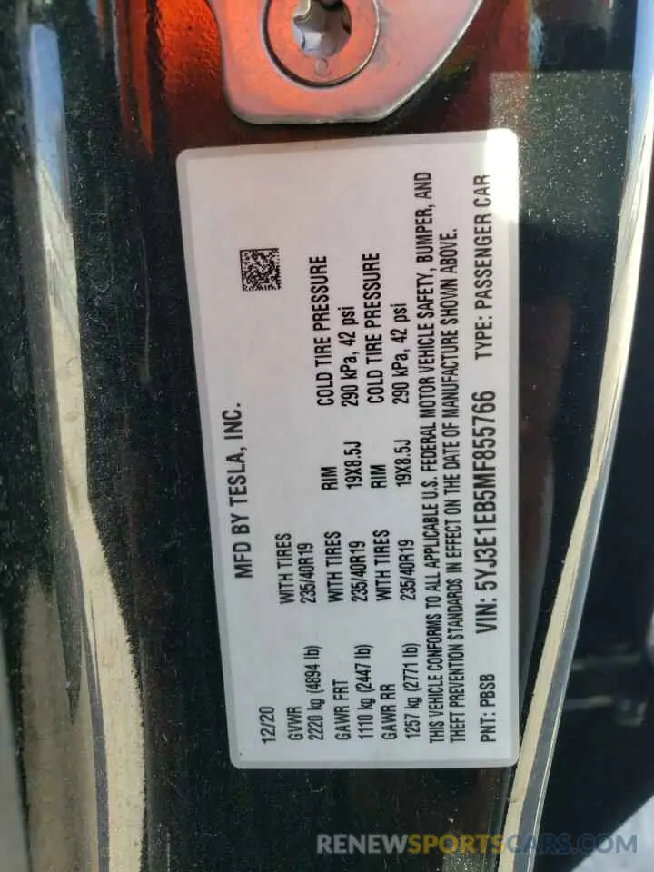 12 fotografías del automóvil dañado 5YJ3E1EB5MF855766 TESLA MODEL 3 2021