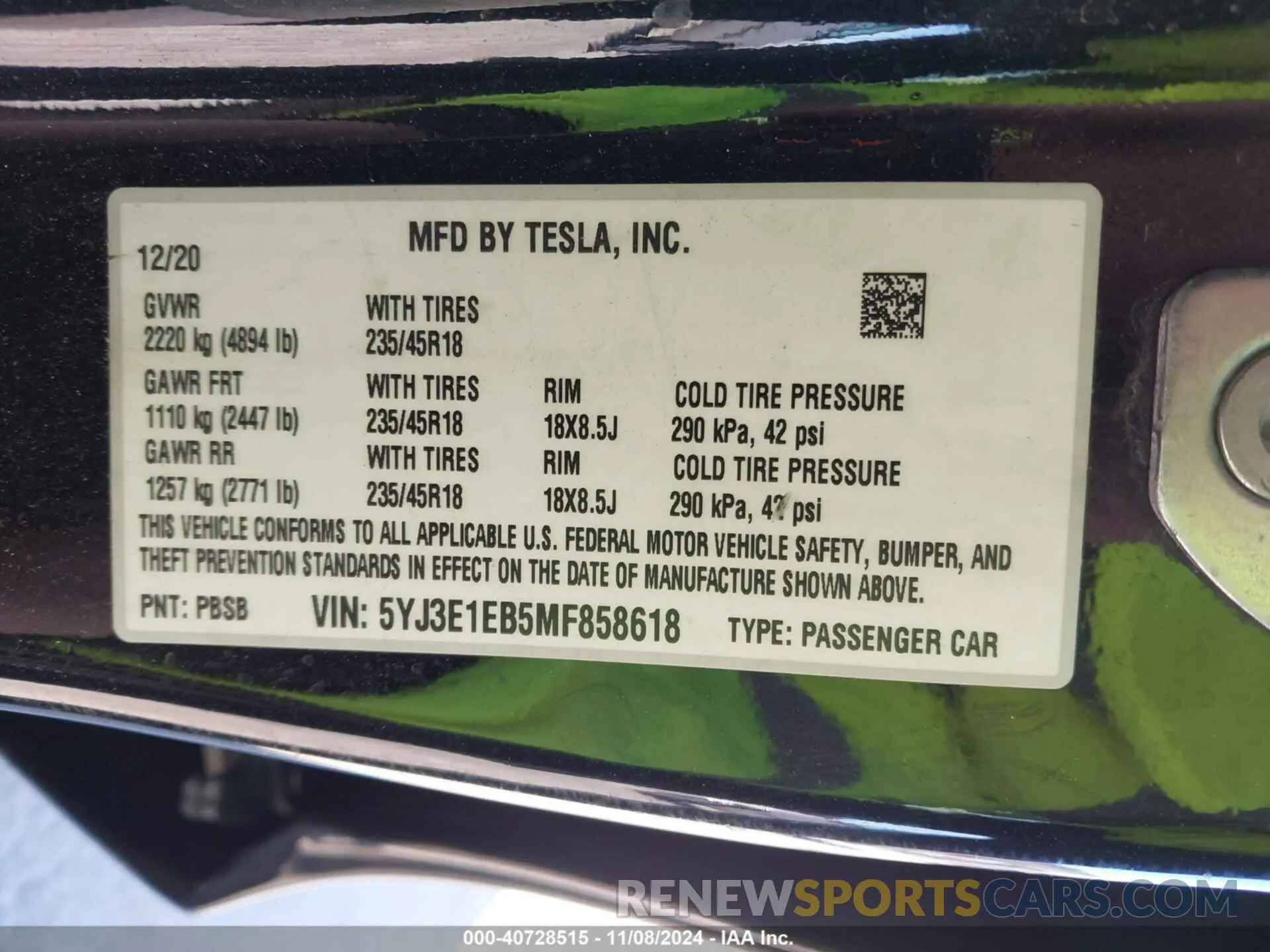 9 fotografías del automóvil dañado 5YJ3E1EB5MF858618 TESLA MODEL 3 2021