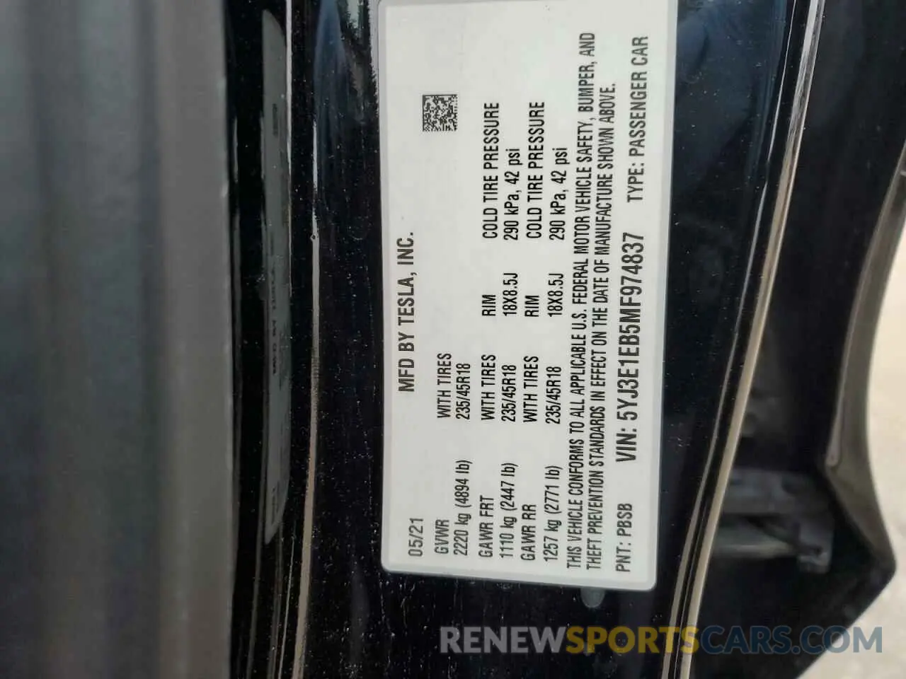 12 fotografías del automóvil dañado 5YJ3E1EB5MF974837 TESLA MODEL 3 2021