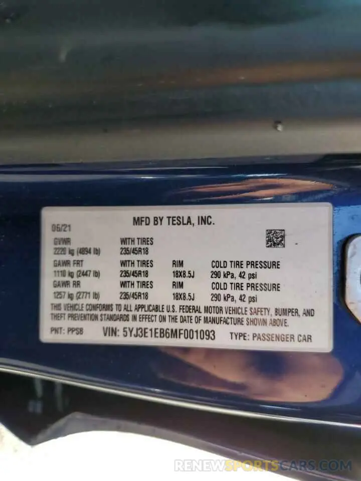 14 fotografías del automóvil dañado 5YJ3E1EB6MF001093 TESLA MODEL 3 2021