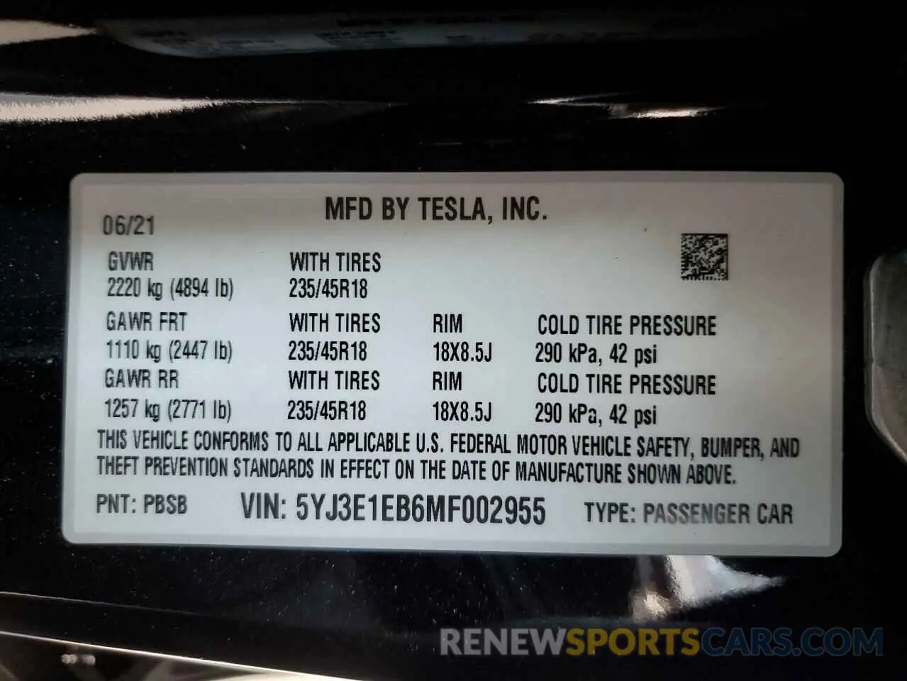 13 fotografías del automóvil dañado 5YJ3E1EB6MF002955 TESLA MODEL 3 2021