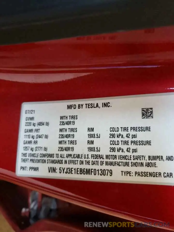 10 fotografías del automóvil dañado 5YJ3E1EB6MF013079 TESLA MODEL 3 2021