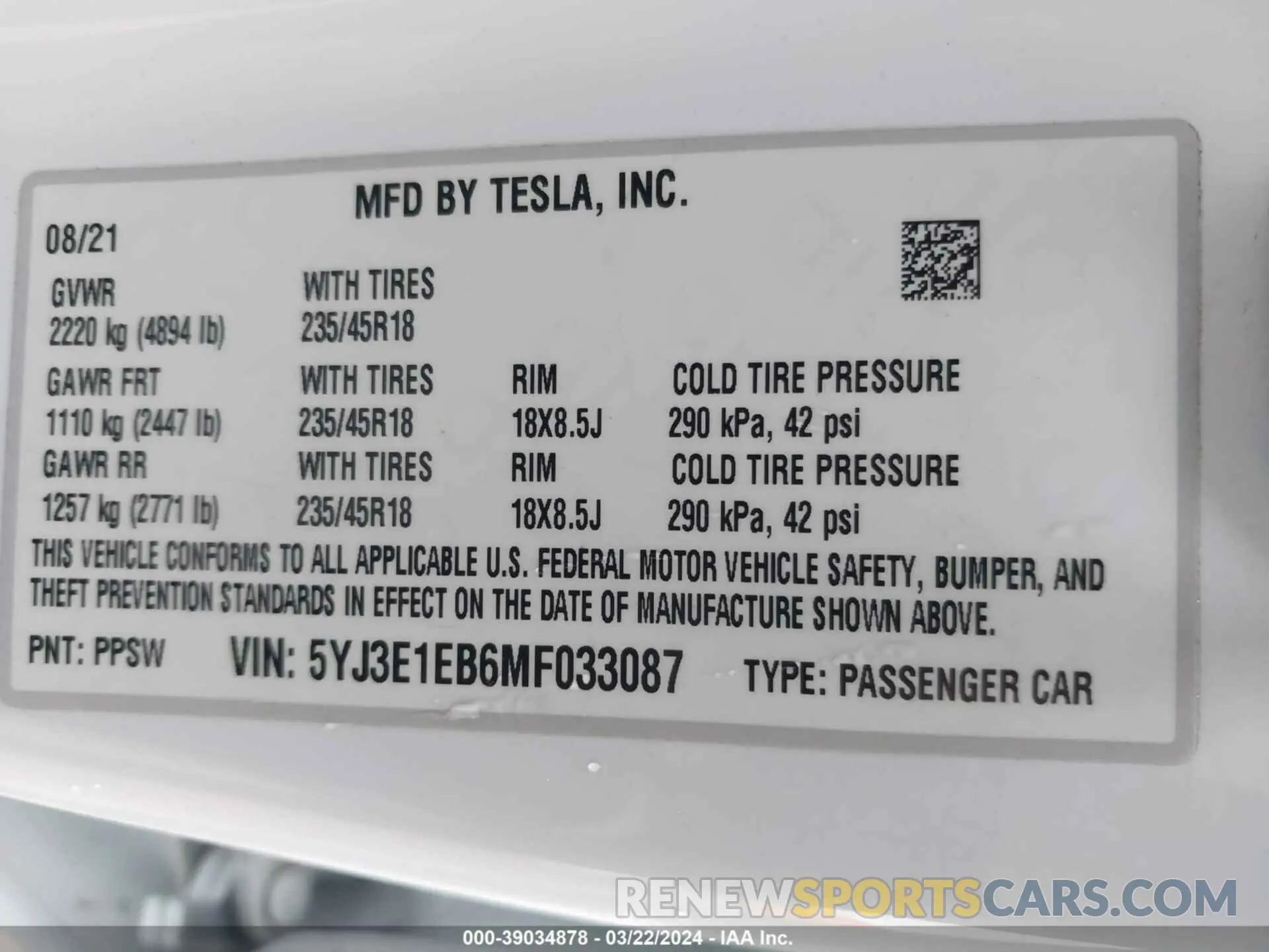 9 fotografías del automóvil dañado 5YJ3E1EB6MF033087 TESLA MODEL 3 2021
