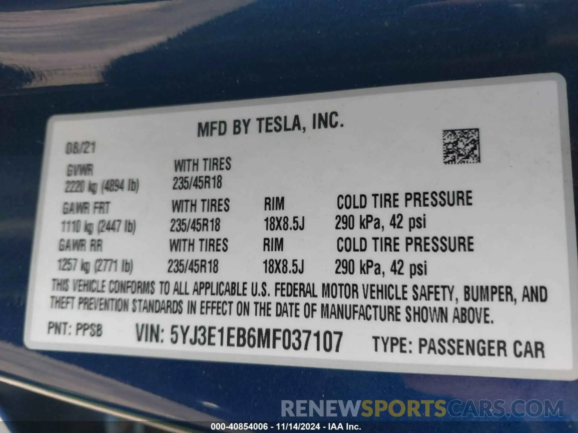9 fotografías del automóvil dañado 5YJ3E1EB6MF037107 TESLA MODEL 3 2021