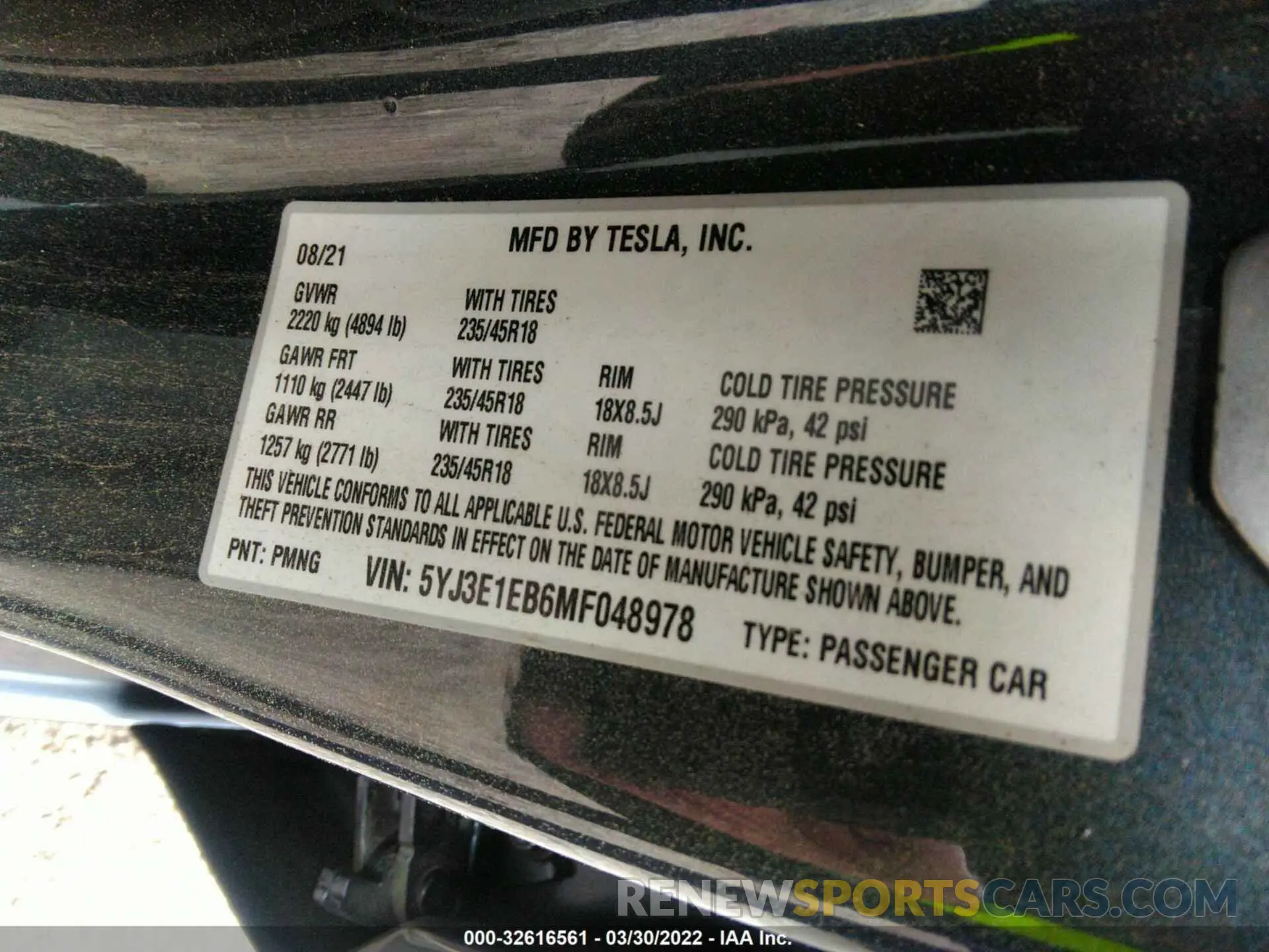 9 fotografías del automóvil dañado 5YJ3E1EB6MF048978 TESLA MODEL 3 2021