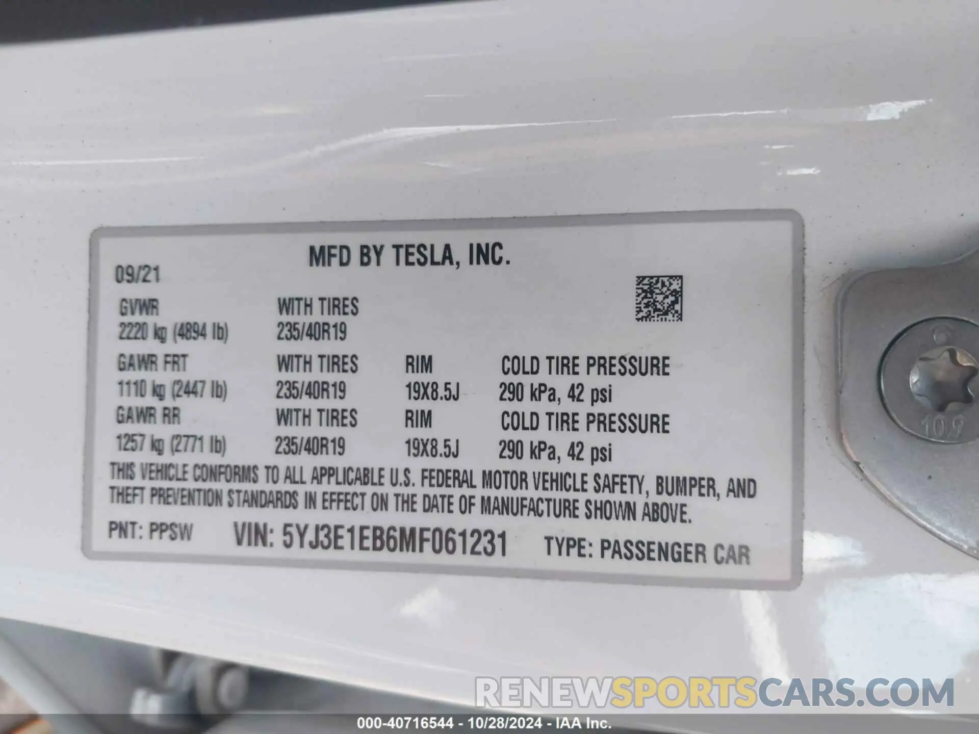 9 fotografías del automóvil dañado 5YJ3E1EB6MF061231 TESLA MODEL 3 2021