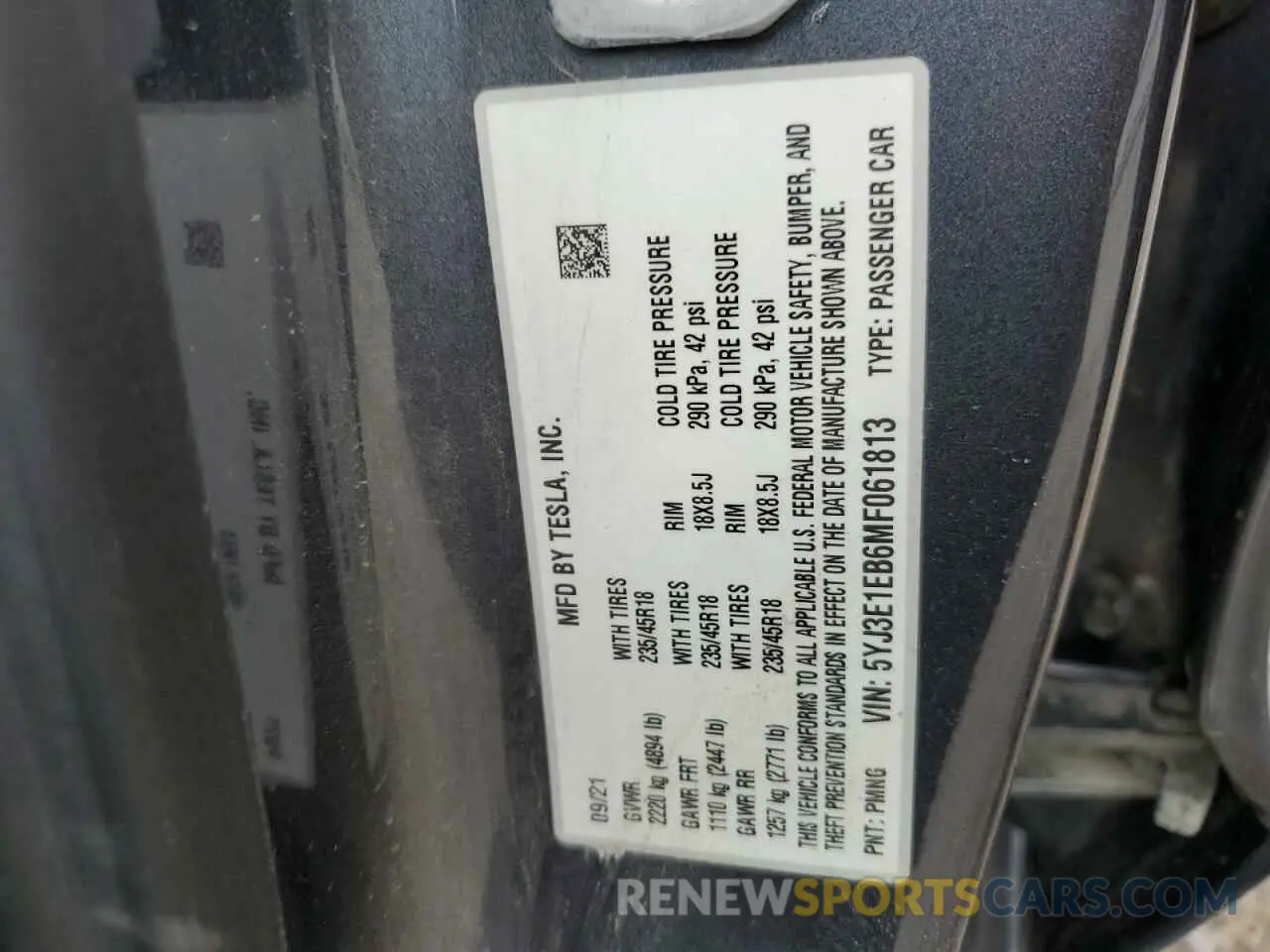 13 fotografías del automóvil dañado 5YJ3E1EB6MF061813 TESLA MODEL 3 2021