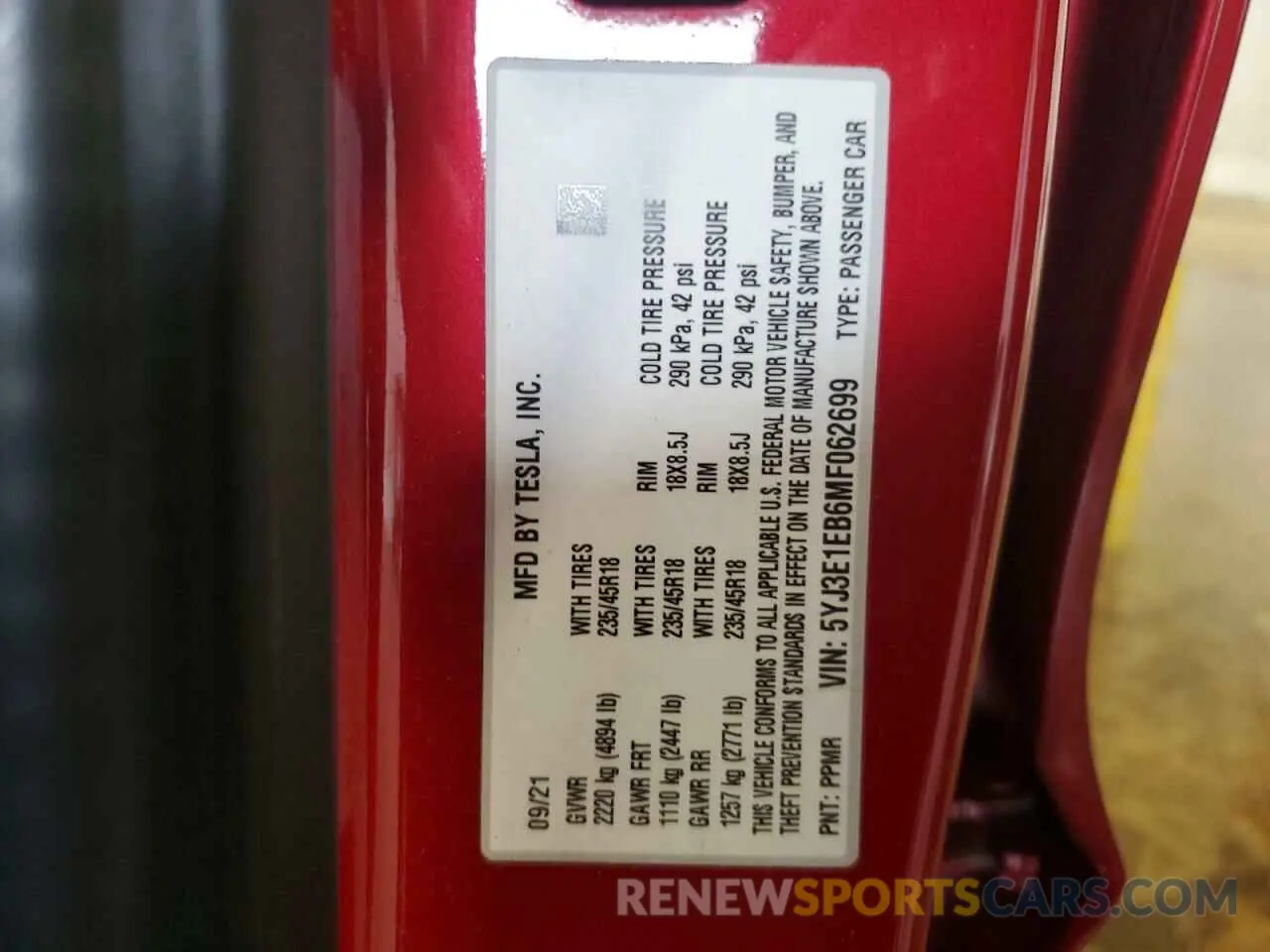 12 fotografías del automóvil dañado 5YJ3E1EB6MF062699 TESLA MODEL 3 2021