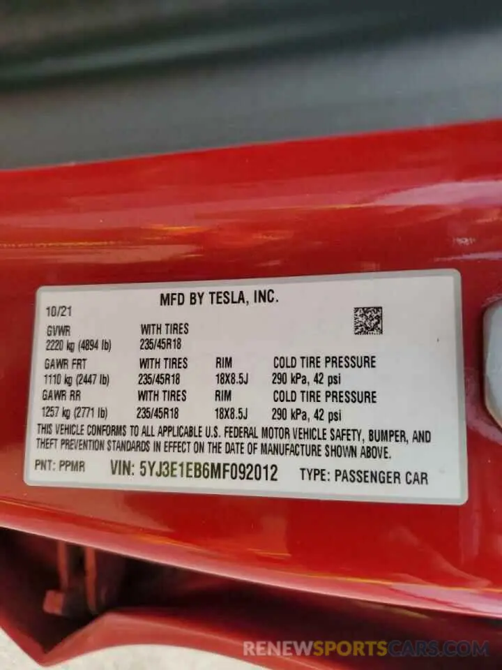 12 fotografías del automóvil dañado 5YJ3E1EB6MF092012 TESLA MODEL 3 2021