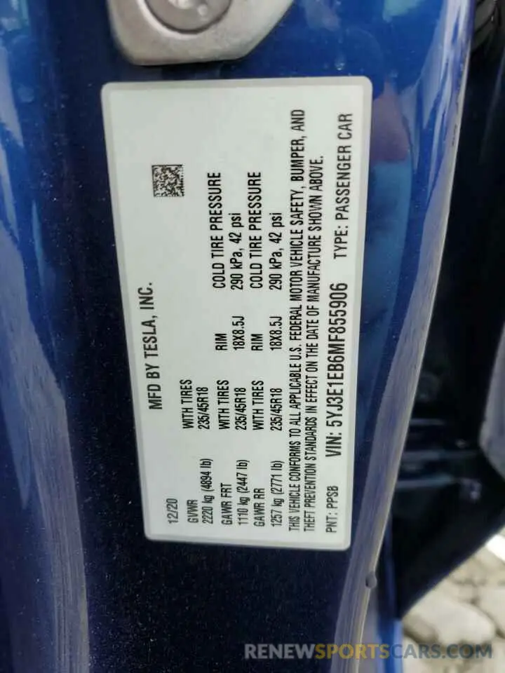 12 fotografías del automóvil dañado 5YJ3E1EB6MF855906 TESLA MODEL 3 2021