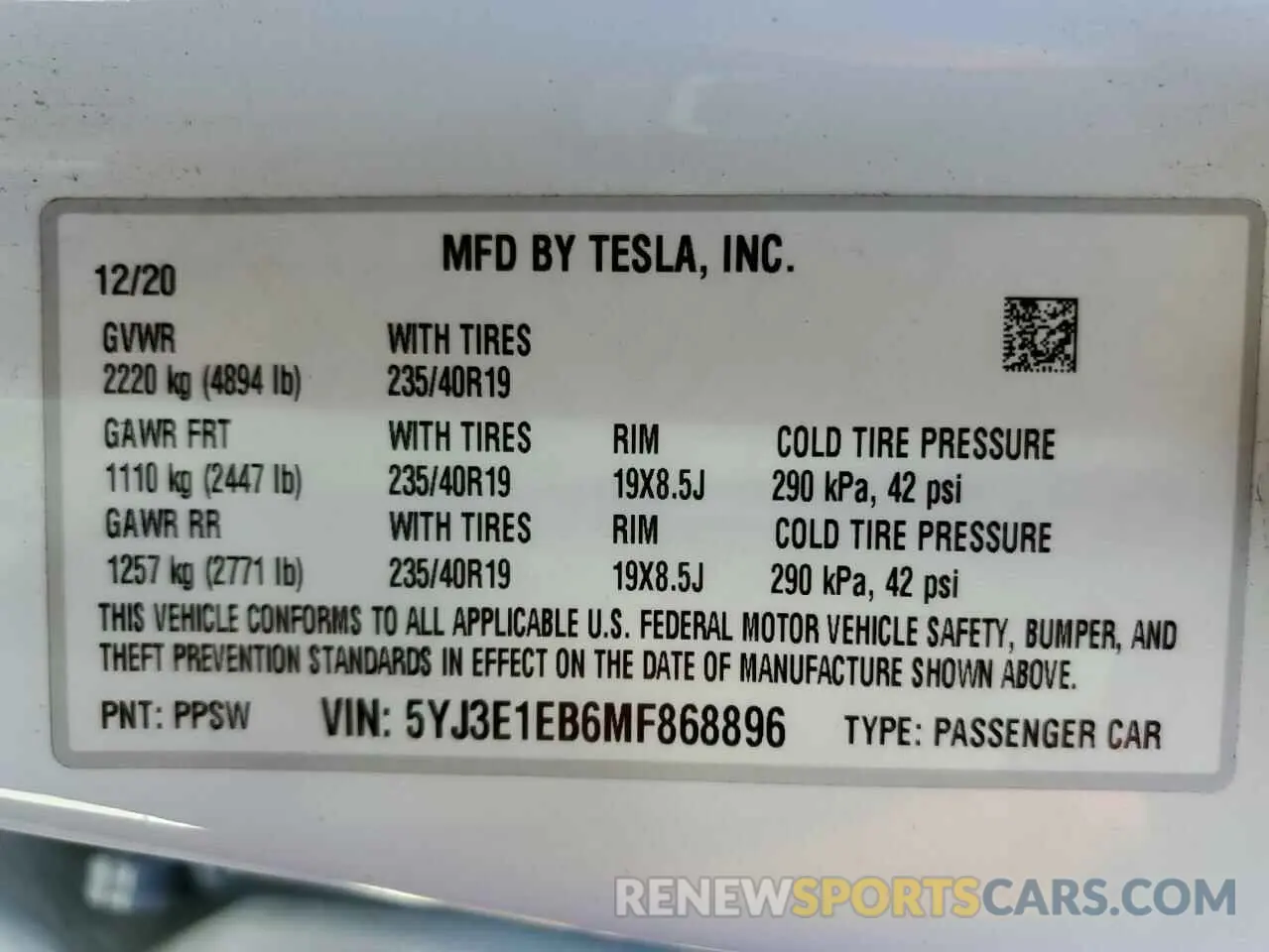12 fotografías del automóvil dañado 5YJ3E1EB6MF868896 TESLA MODEL 3 2021