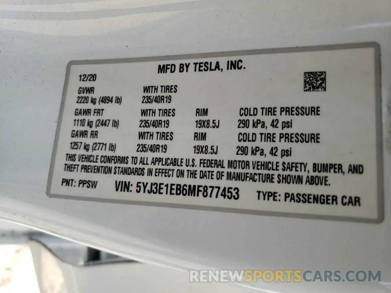 12 fotografías del automóvil dañado 5YJ3E1EB6MF877453 TESLA MODEL 3 2021