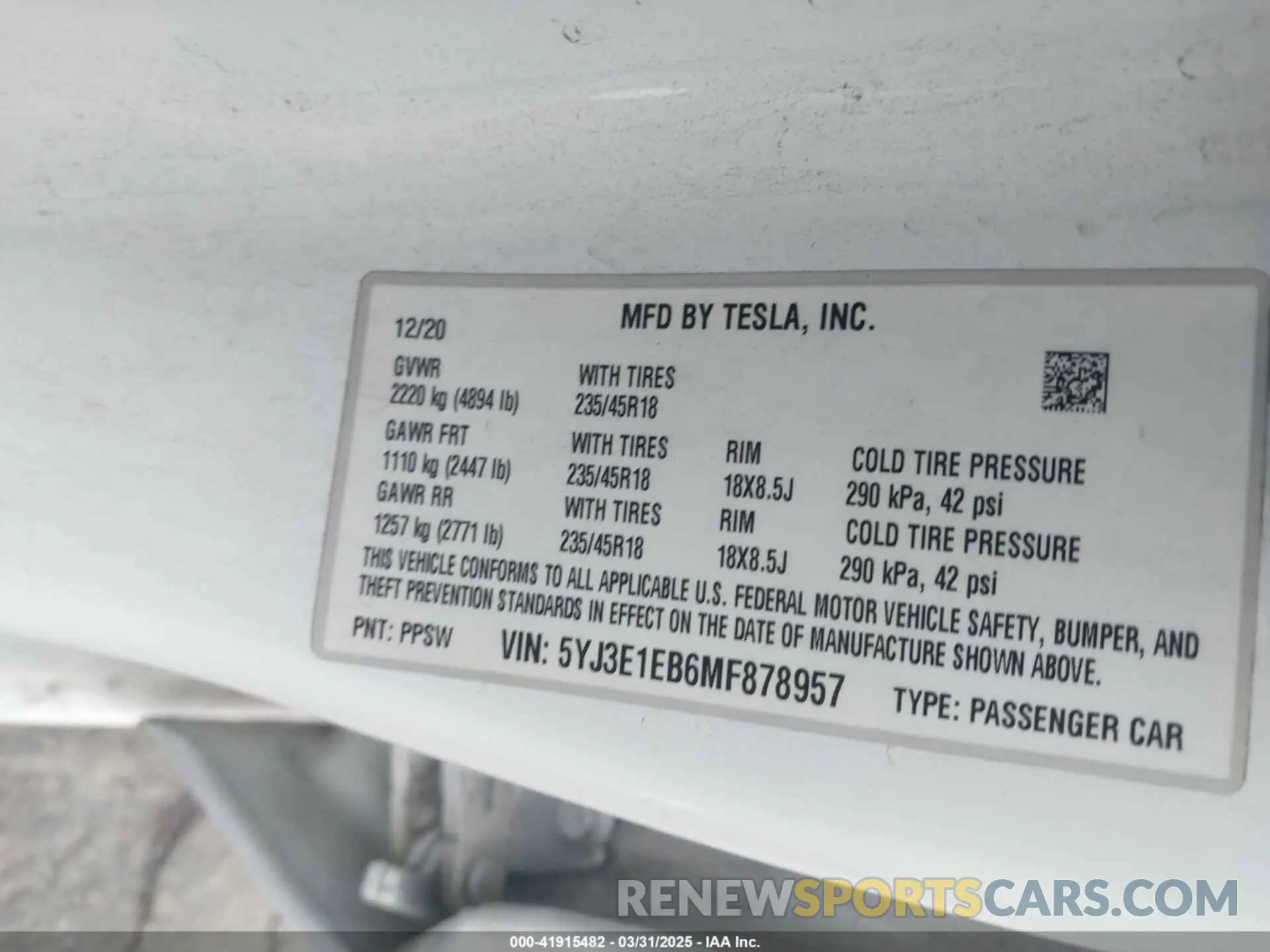 9 fotografías del automóvil dañado 5YJ3E1EB6MF878957 TESLA MODEL 3 2021