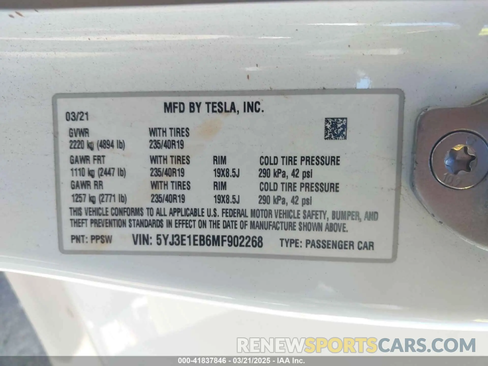 9 fotografías del automóvil dañado 5YJ3E1EB6MF902268 TESLA MODEL 3 2021