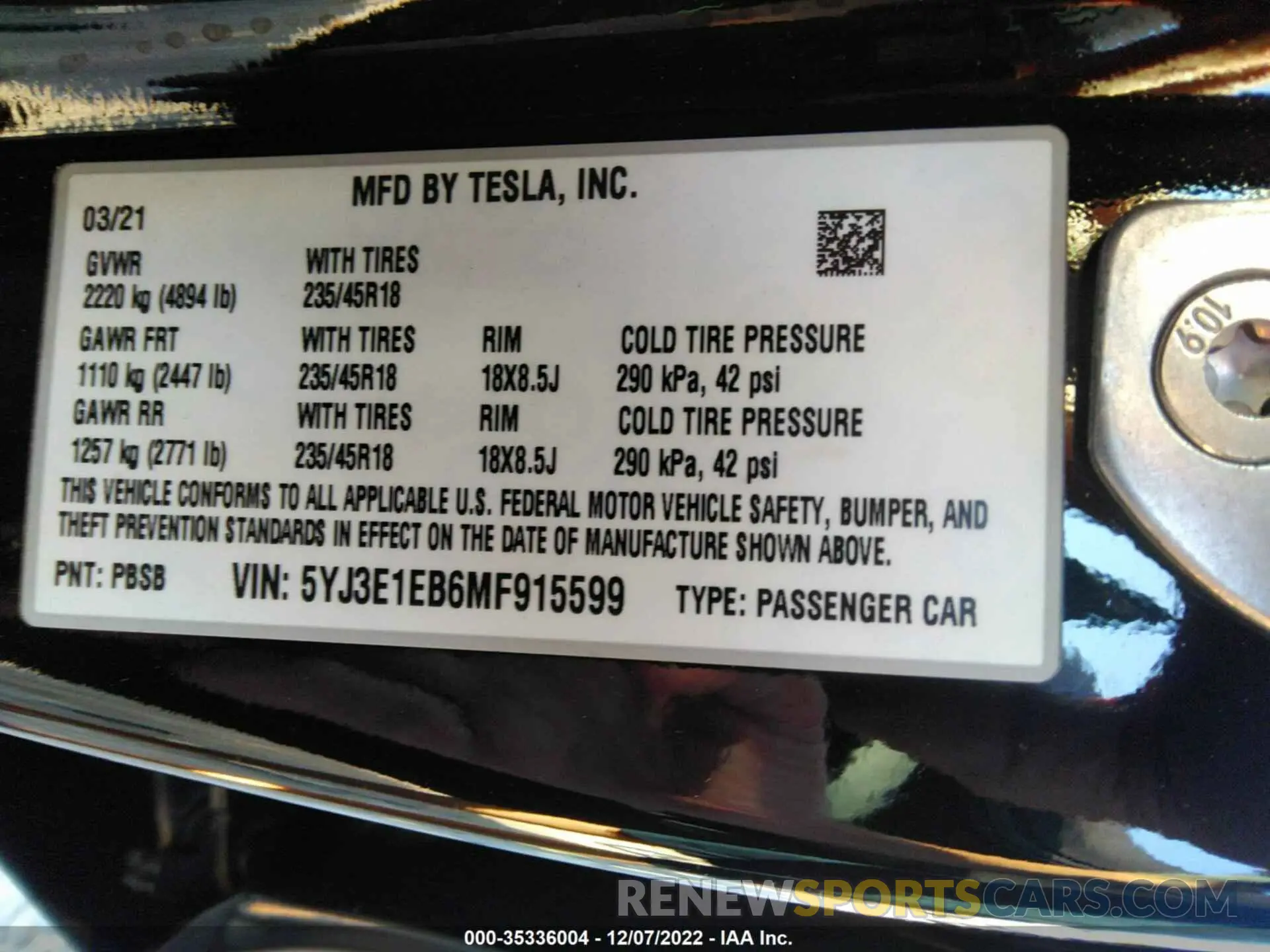 8 fotografías del automóvil dañado 5YJ3E1EB6MF915599 TESLA MODEL 3 2021