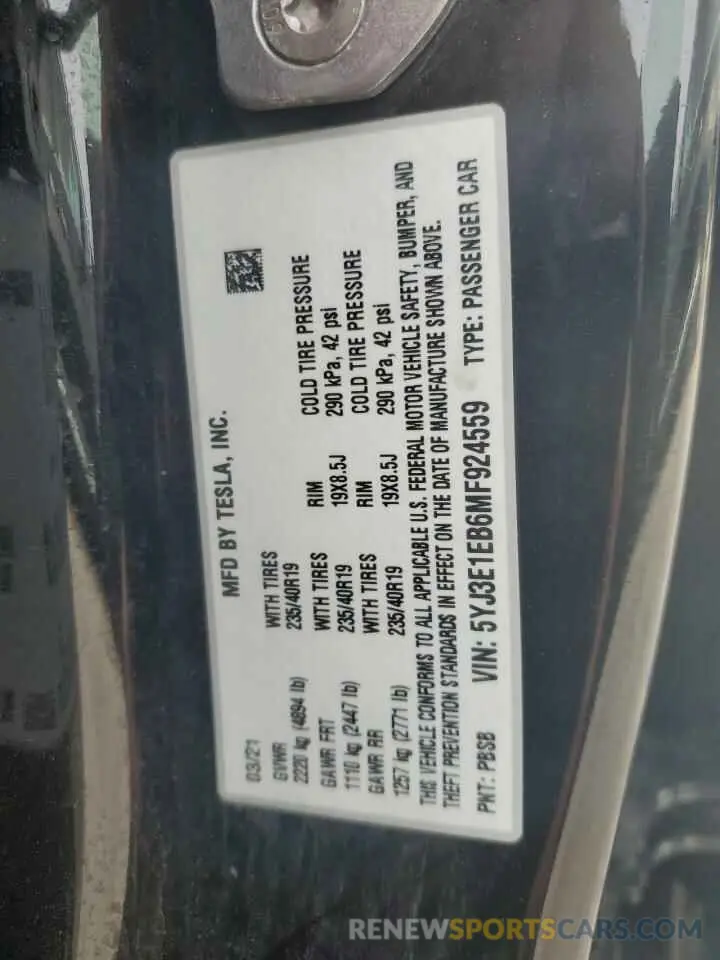 12 fotografías del automóvil dañado 5YJ3E1EB6MF924559 TESLA MODEL 3 2021