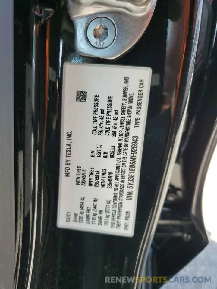 12 fotografías del automóvil dañado 5YJ3E1EB6MF926943 TESLA MODEL 3 2021