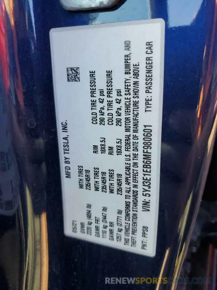 12 fotografías del automóvil dañado 5YJ3E1EB6MF980601 TESLA MODEL 3 2021