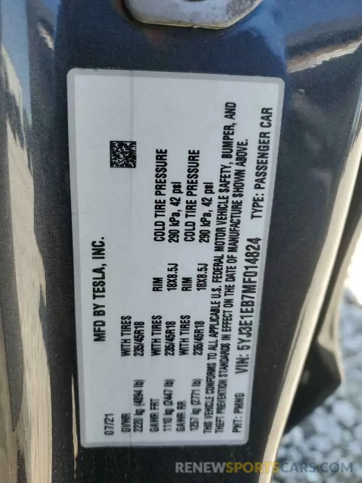 12 fotografías del automóvil dañado 5YJ3E1EB7MF014824 TESLA MODEL 3 2021