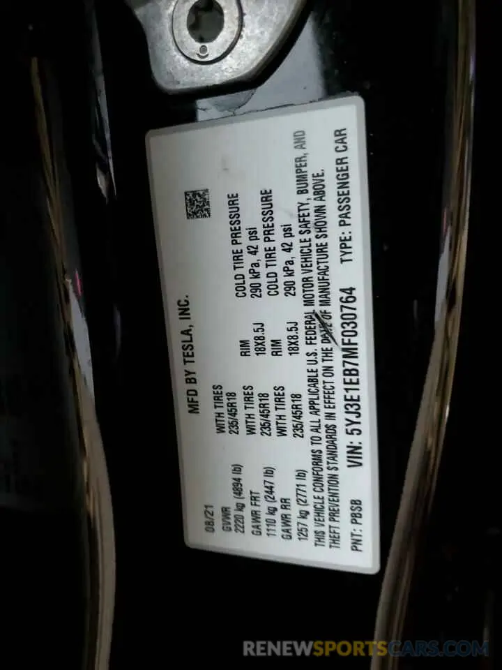 12 fotografías del automóvil dañado 5YJ3E1EB7MF030764 TESLA MODEL 3 2021