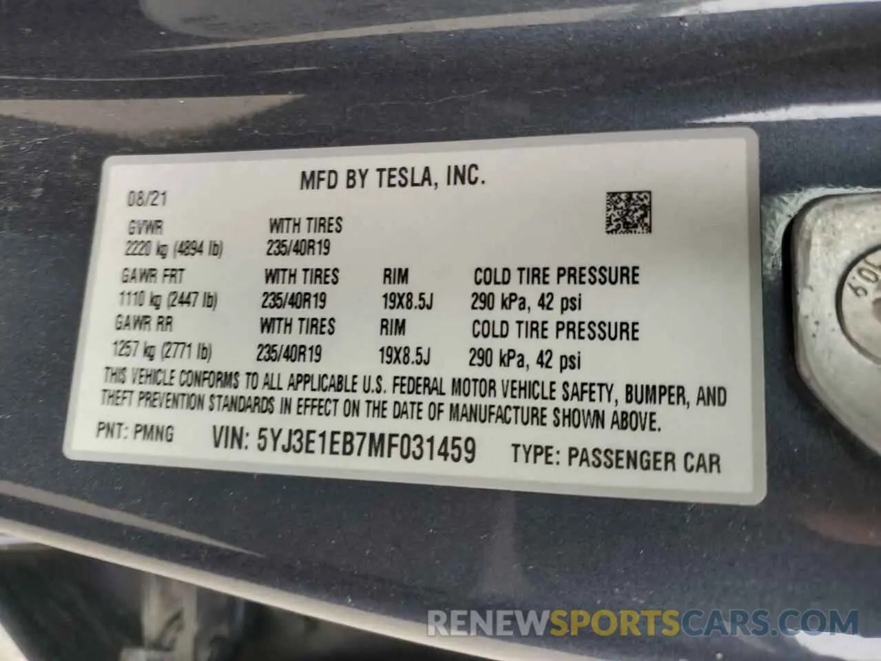 12 fotografías del automóvil dañado 5YJ3E1EB7MF031459 TESLA MODEL 3 2021
