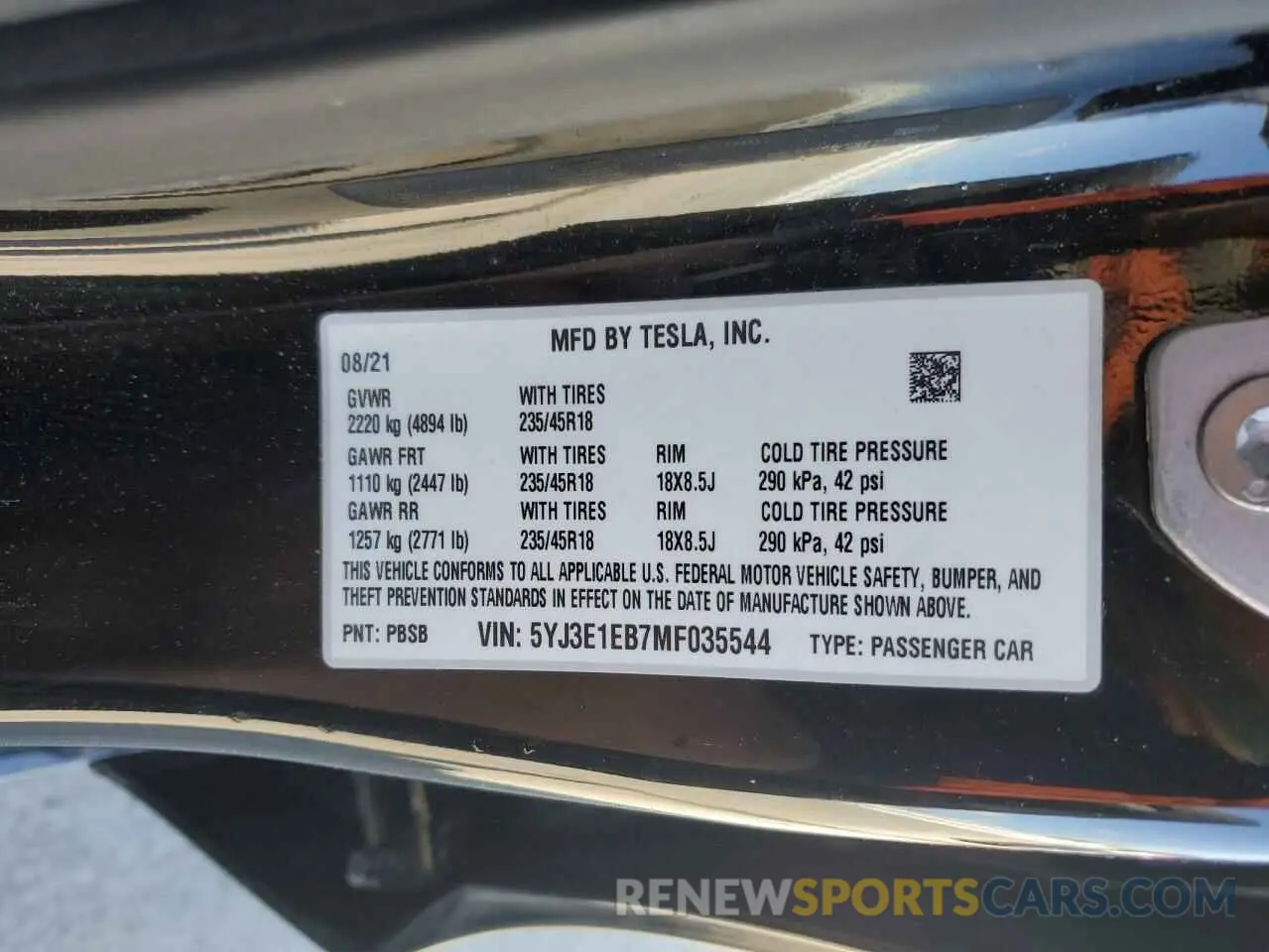 15 fotografías del automóvil dañado 5YJ3E1EB7MF035544 TESLA MODEL 3 2021