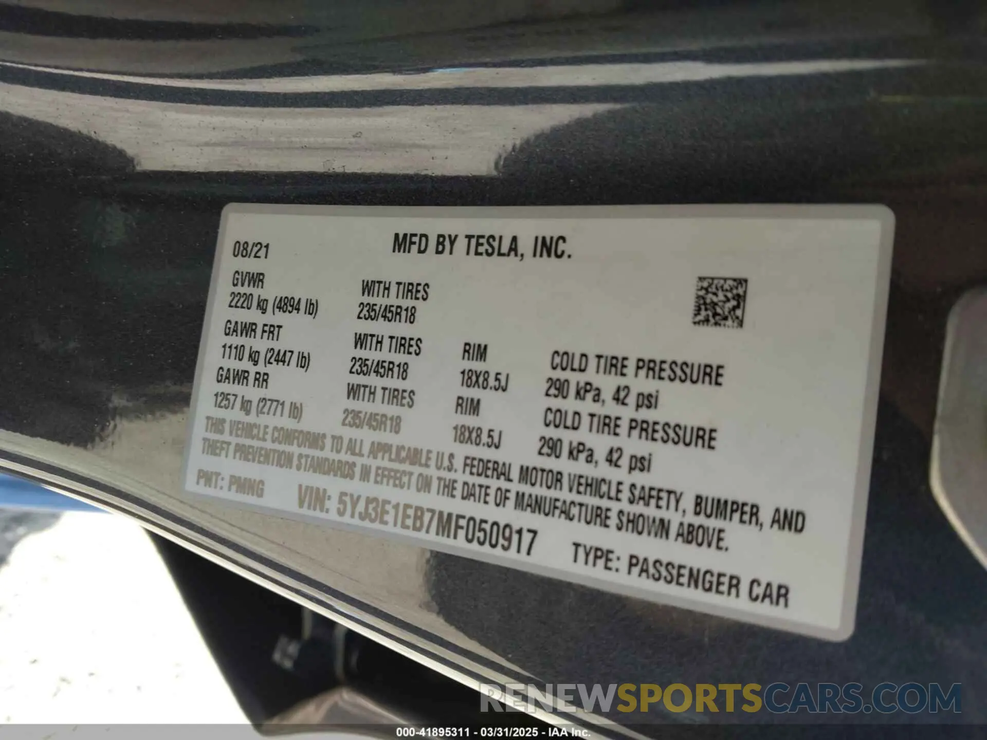 9 fotografías del automóvil dañado 5YJ3E1EB7MF050917 TESLA MODEL 3 2021