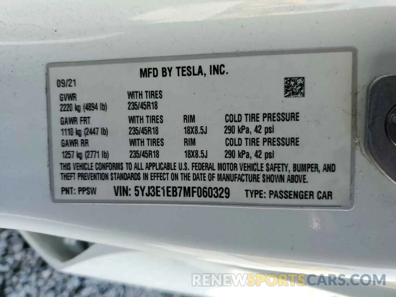12 fotografías del automóvil dañado 5YJ3E1EB7MF060329 TESLA MODEL 3 2021