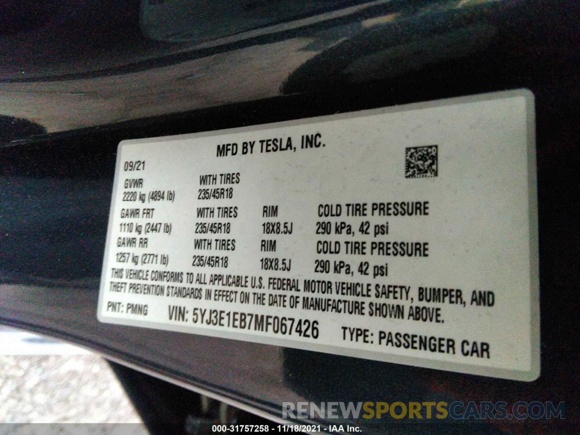 9 fotografías del automóvil dañado 5YJ3E1EB7MF067426 TESLA MODEL 3 2021