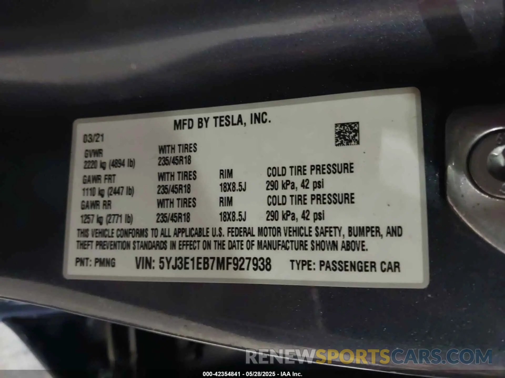 9 fotografías del automóvil dañado 5YJ3E1EB7MF927938 TESLA MODEL 3 2021