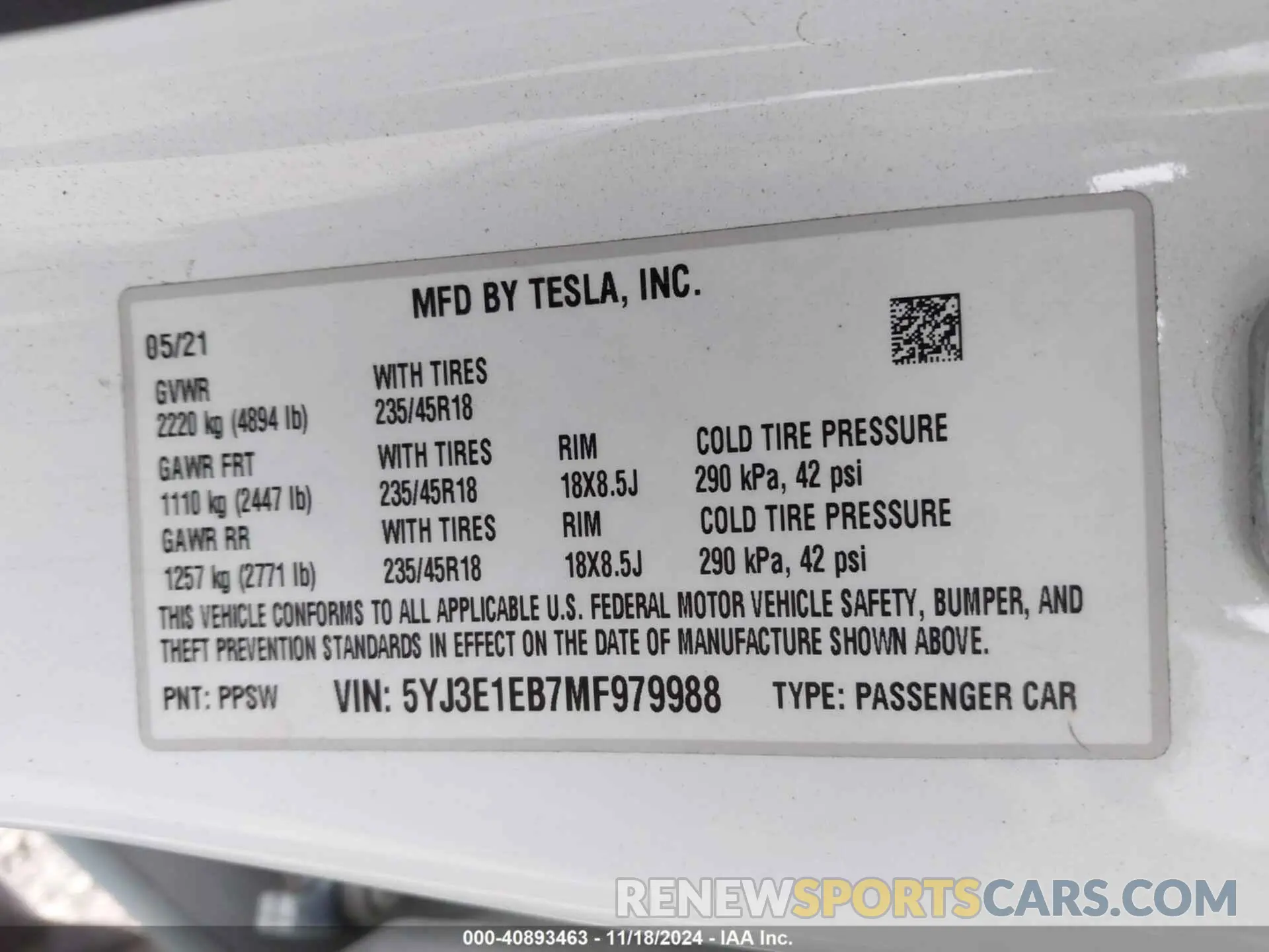 9 fotografías del automóvil dañado 5YJ3E1EB7MF979988 TESLA MODEL 3 2021