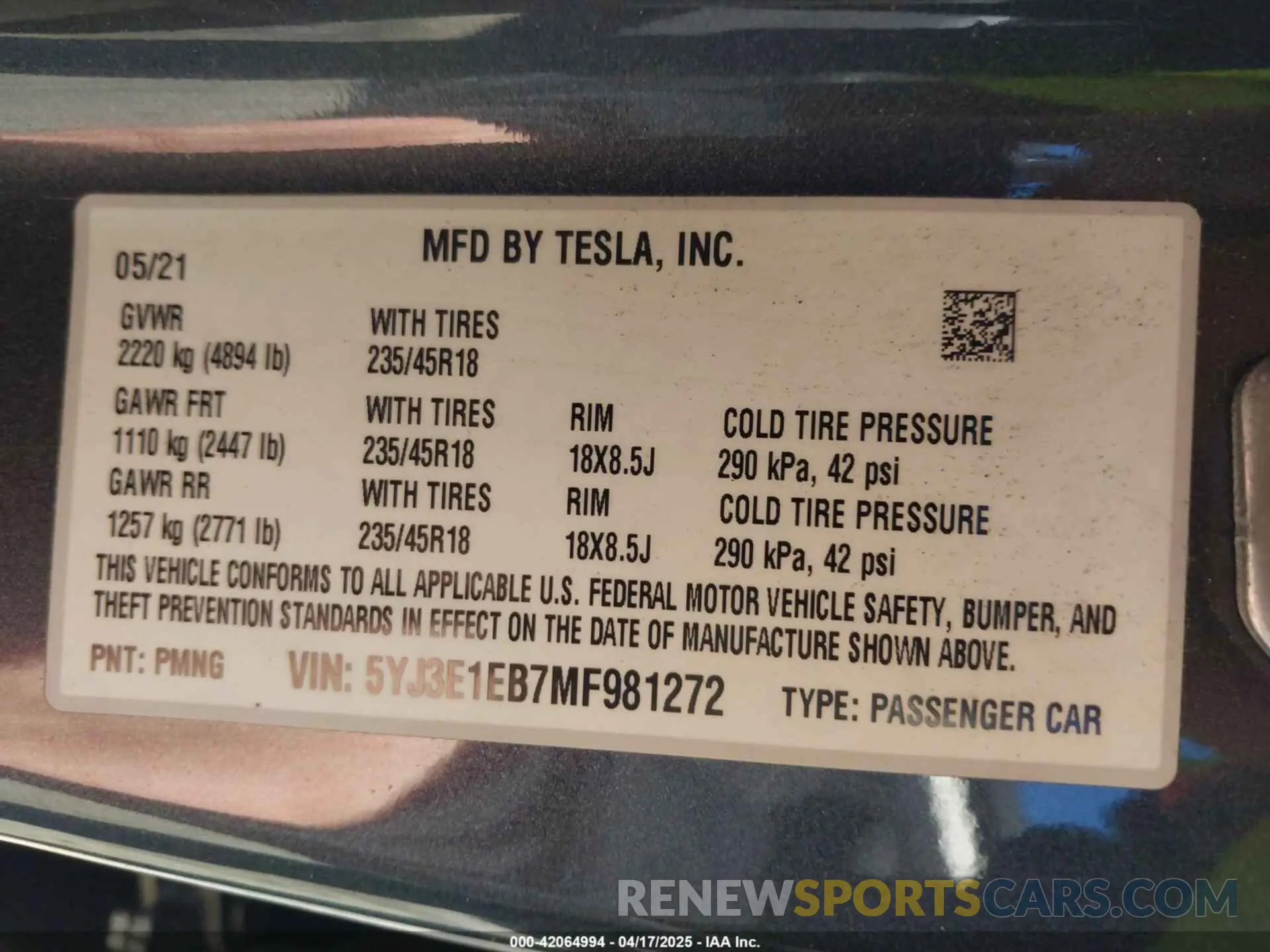 9 fotografías del automóvil dañado 5YJ3E1EB7MF981272 TESLA MODEL 3 2021