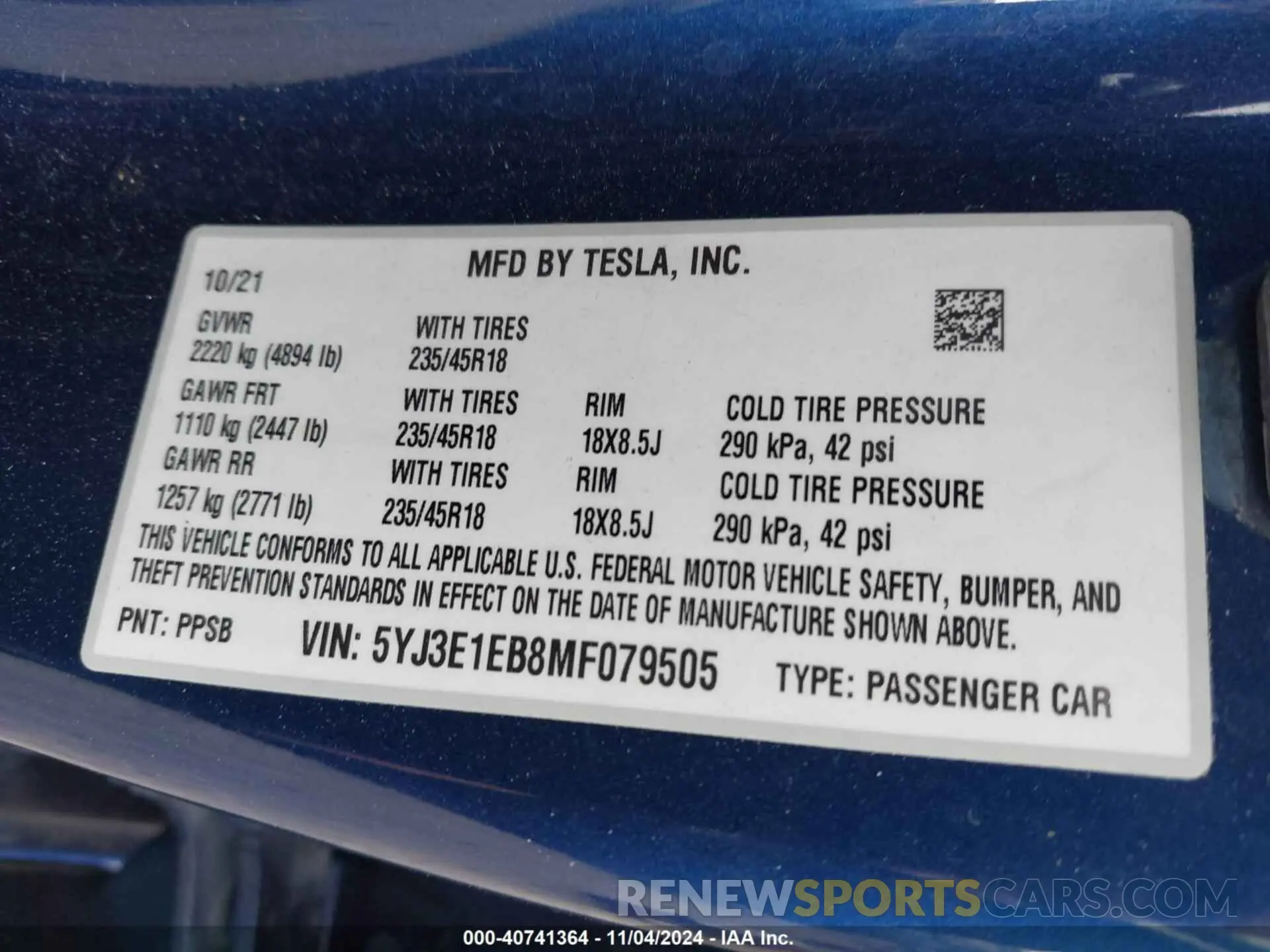 9 fotografías del automóvil dañado 5YJ3E1EB8MF079505 TESLA MODEL 3 2021