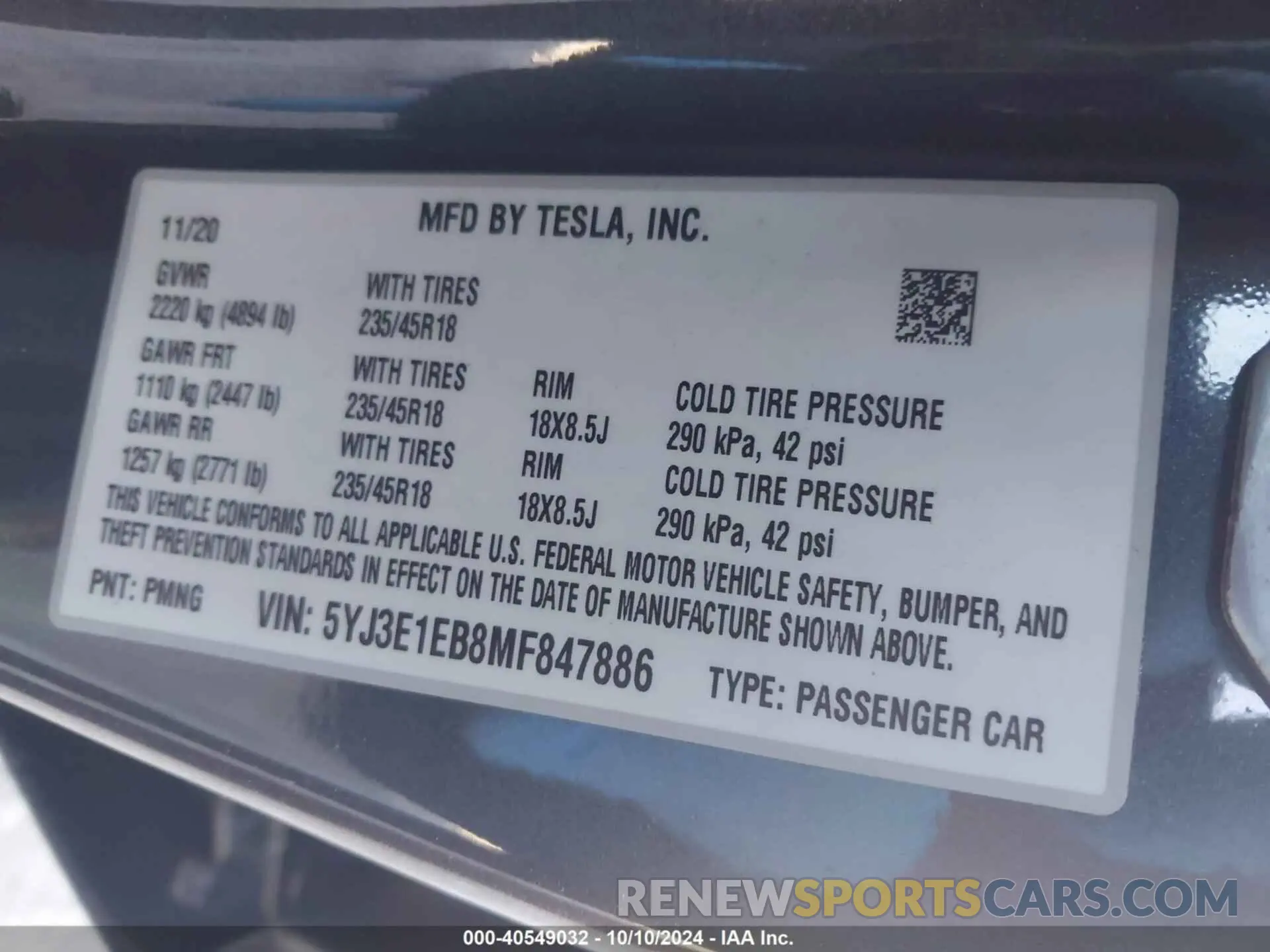 9 fotografías del automóvil dañado 5YJ3E1EB8MF847886 TESLA MODEL 3 2021