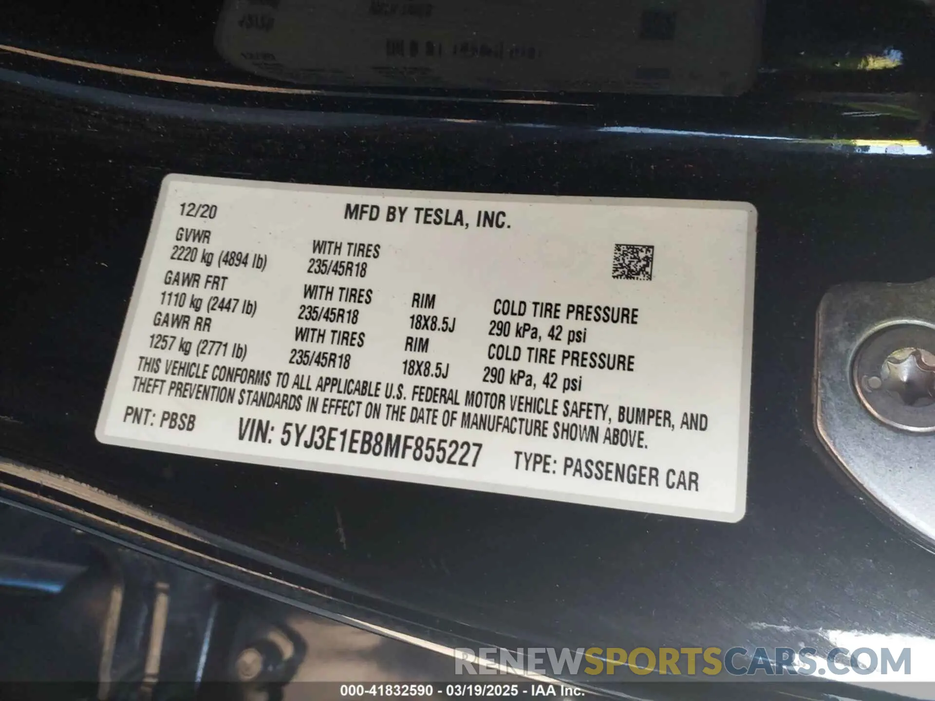 9 fotografías del automóvil dañado 5YJ3E1EB8MF855227 TESLA MODEL 3 2021