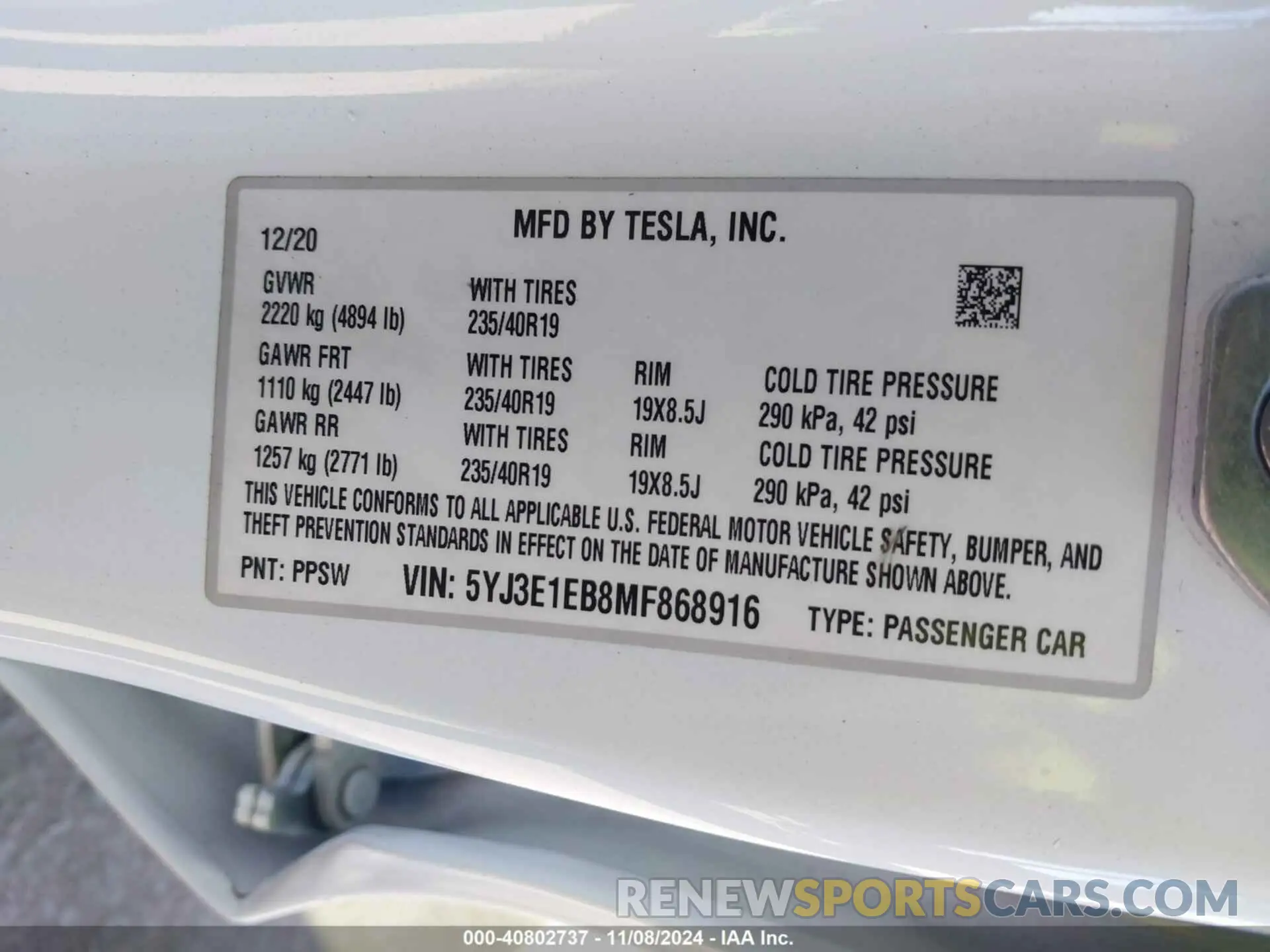 9 fotografías del automóvil dañado 5YJ3E1EB8MF868916 TESLA MODEL 3 2021