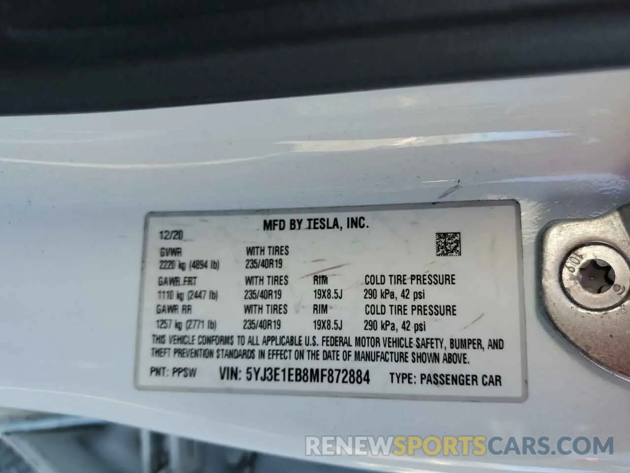 14 fotografías del automóvil dañado 5YJ3E1EB8MF872884 TESLA MODEL 3 2021