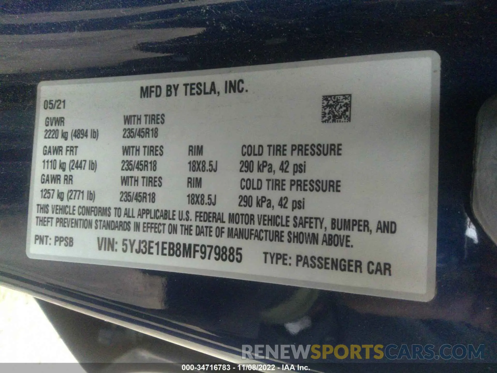 9 fotografías del automóvil dañado 5YJ3E1EB8MF979885 TESLA MODEL 3 2021