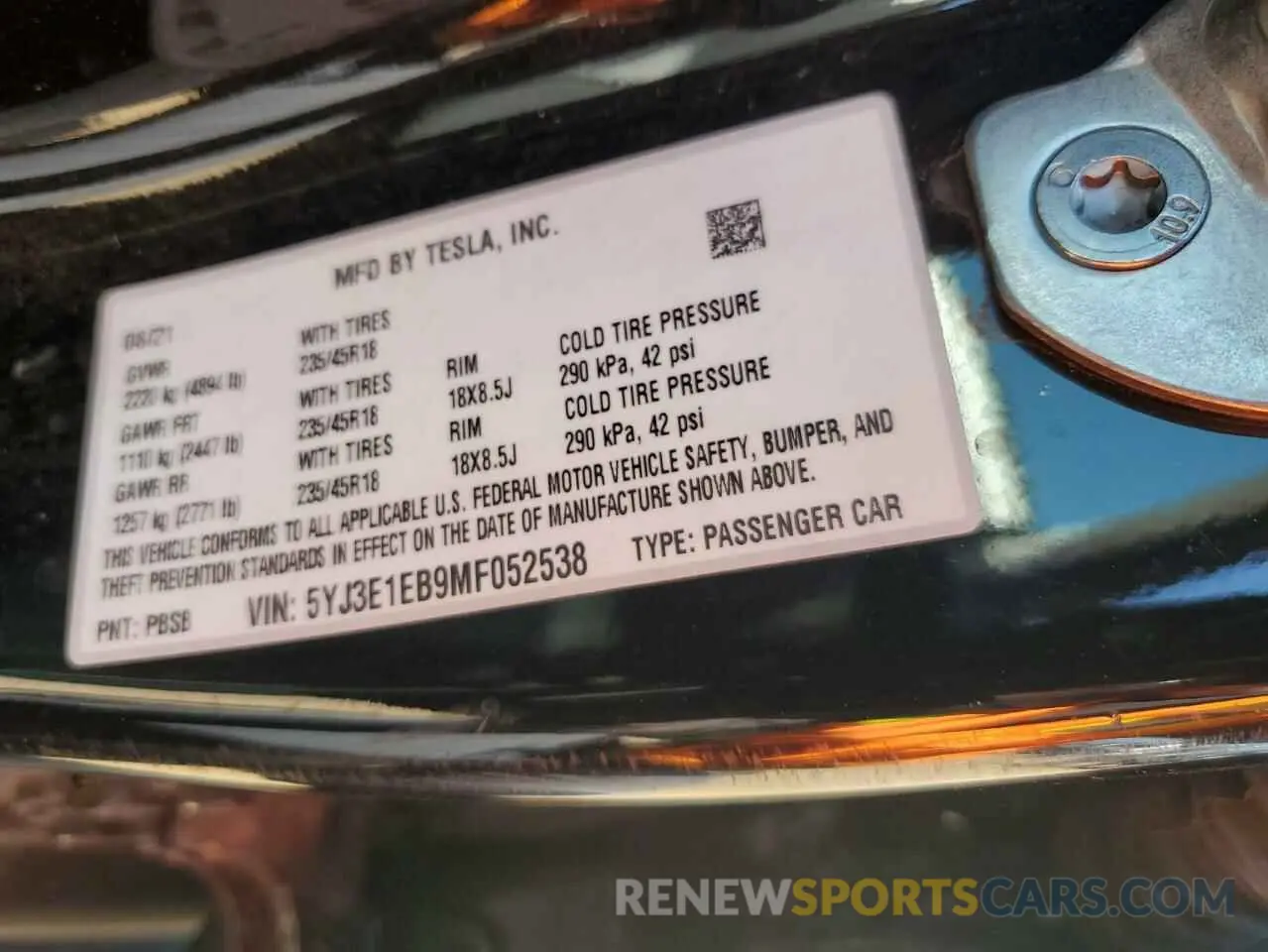12 fotografías del automóvil dañado 5YJ3E1EB9MF052538 TESLA MODEL 3 2021