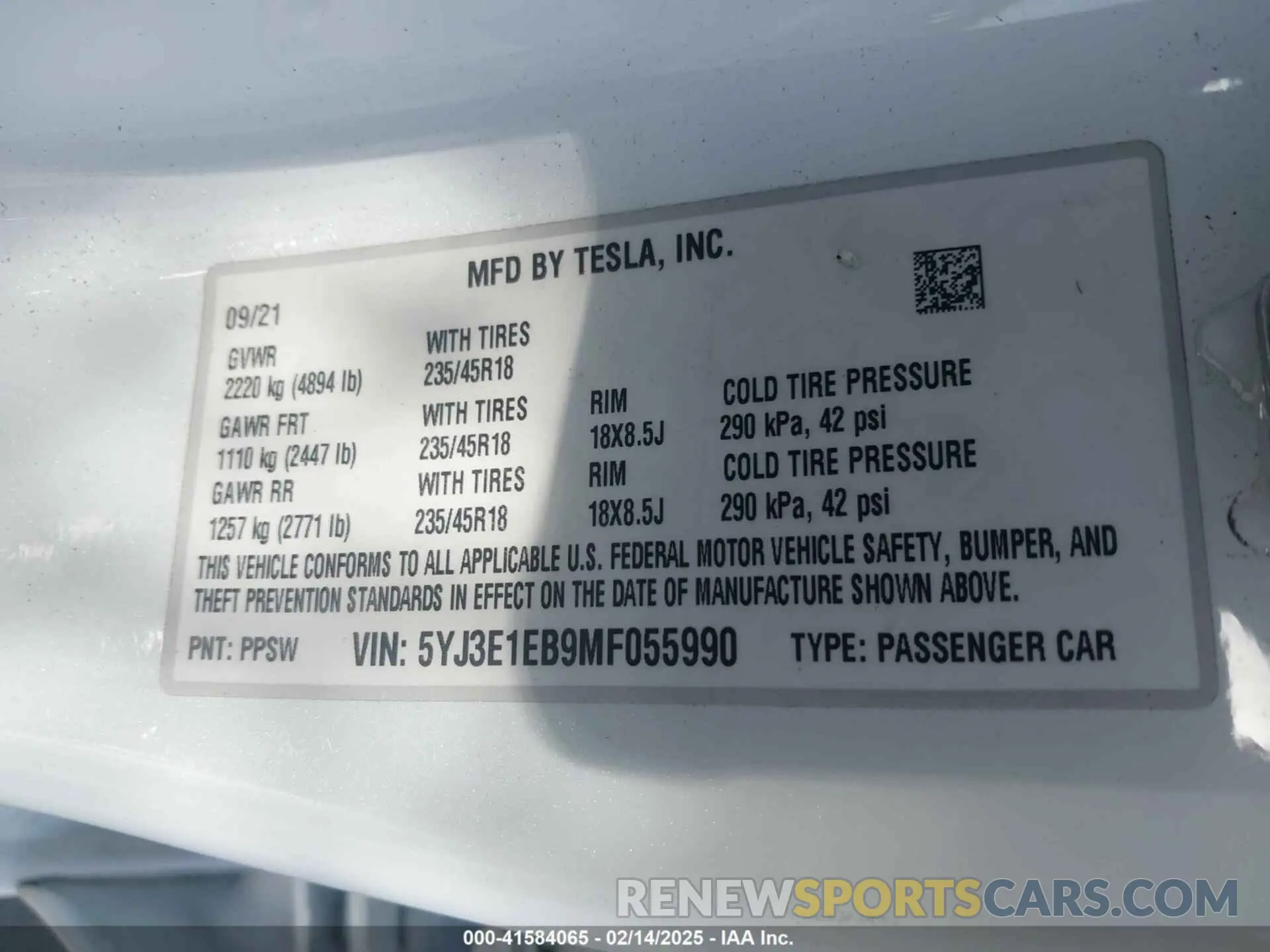 9 fotografías del automóvil dañado 5YJ3E1EB9MF055990 TESLA MODEL 3 2021
