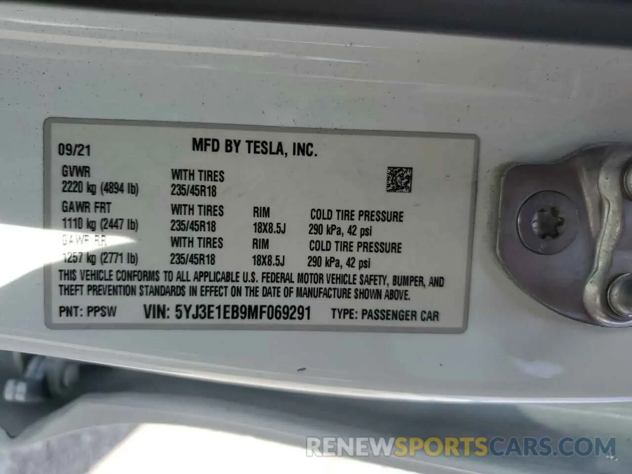 13 fotografías del automóvil dañado 5YJ3E1EB9MF069291 TESLA MODEL 3 2021