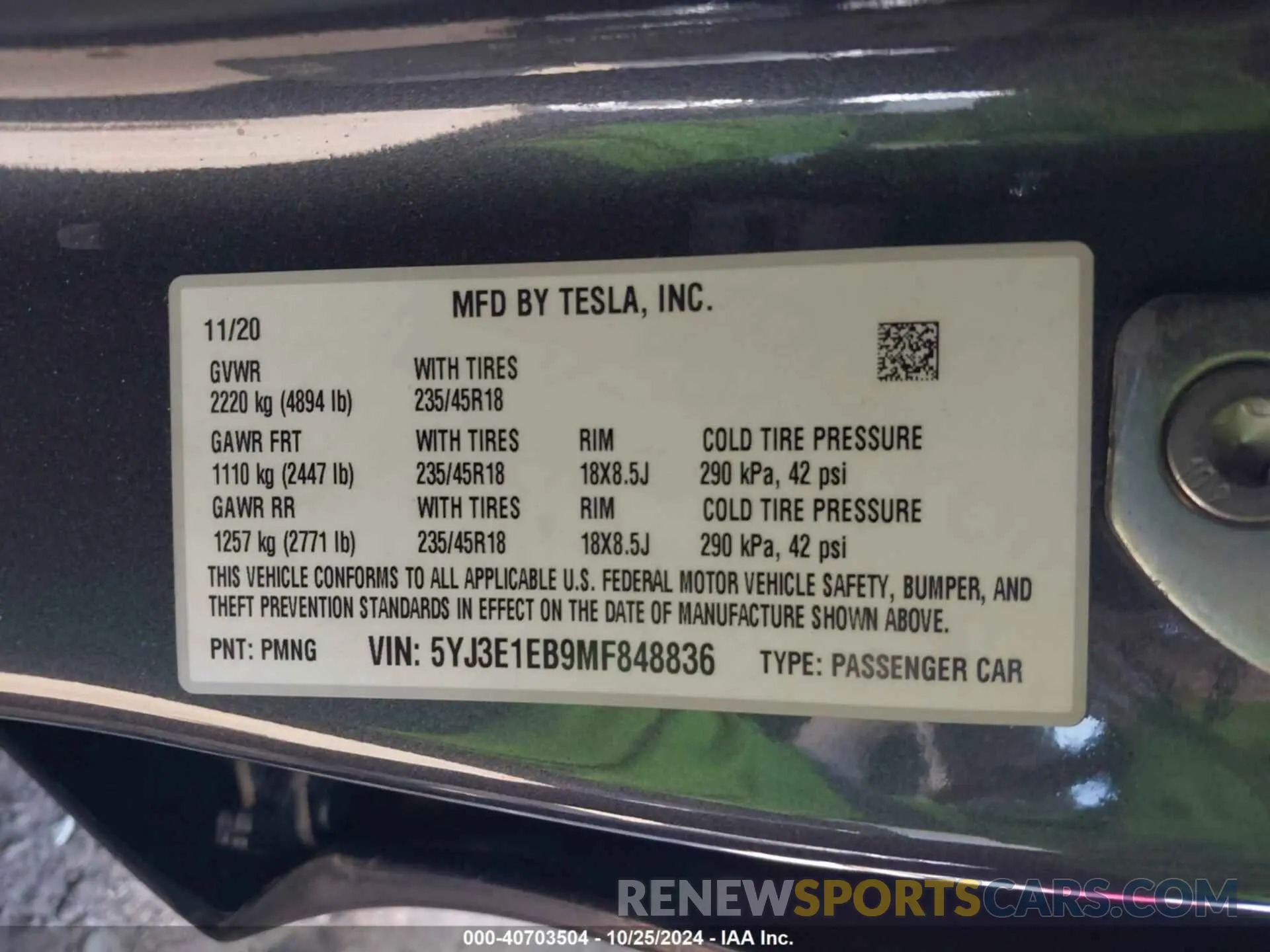 9 fotografías del automóvil dañado 5YJ3E1EB9MF848836 TESLA MODEL 3 2021
